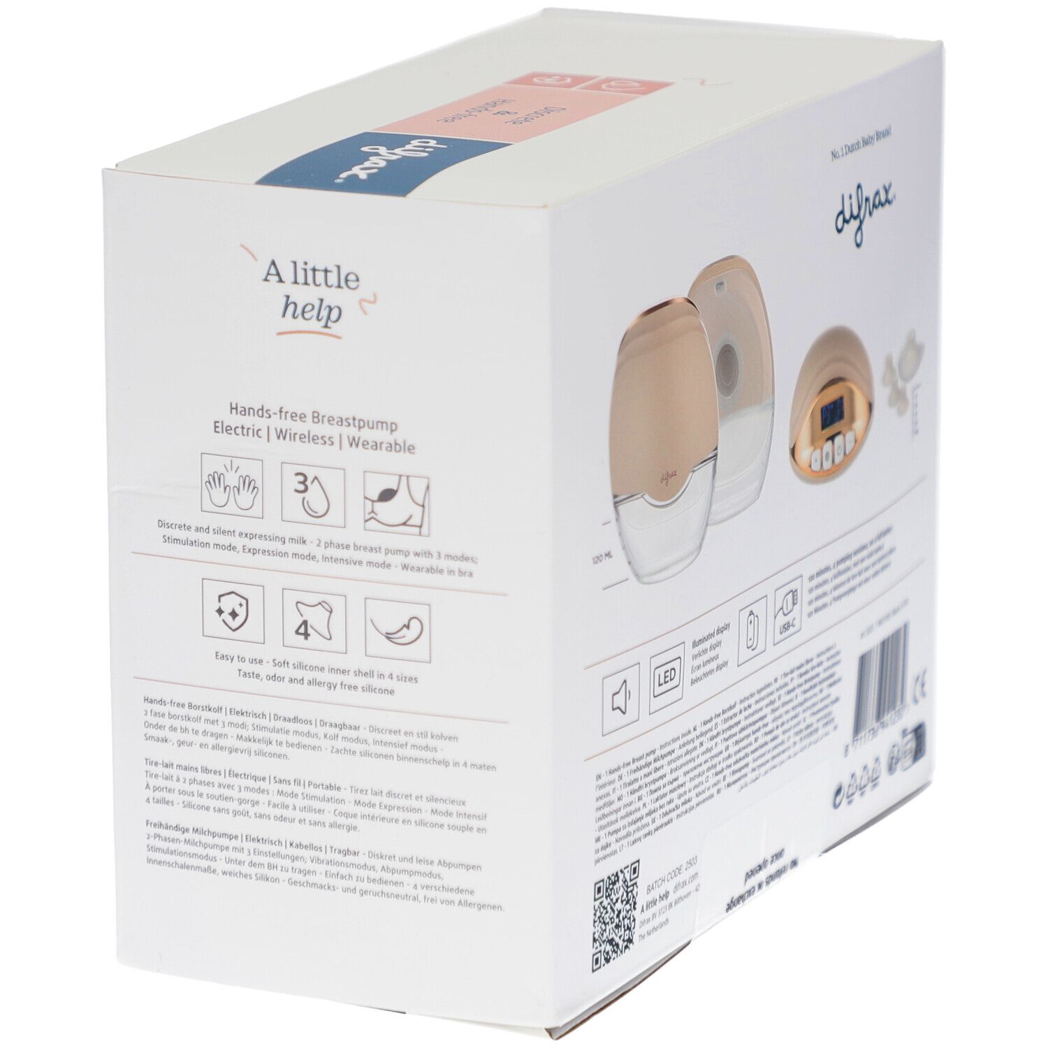Verpackung mit Brustpumpe. Marke Difrax, hands-free. Illustrationen und Produktmerkmale.