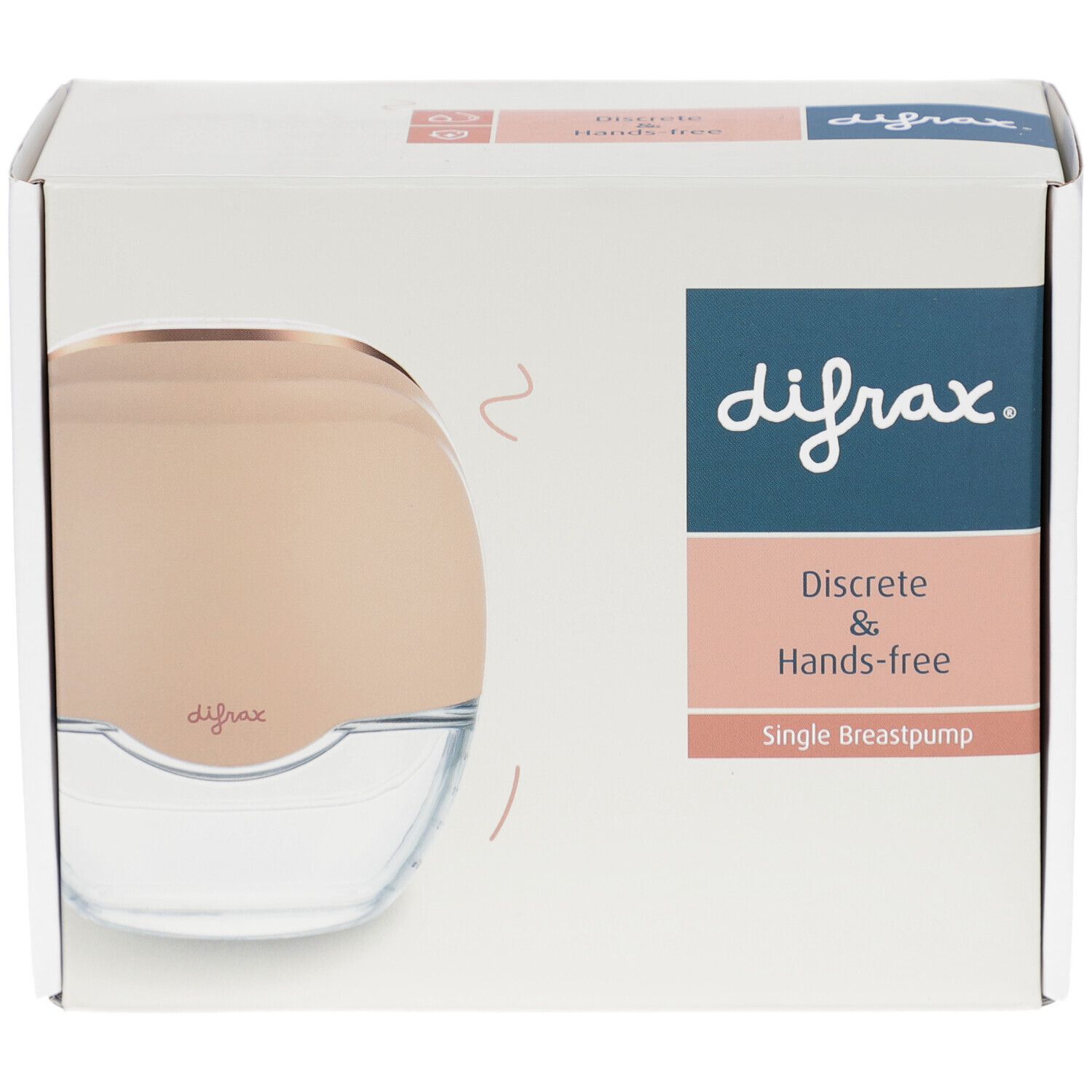 Verpackung mit Brustpumpe. Marke Difrax, hands-free und diskret. Rosa-goldenes Gerät in weißer Box.