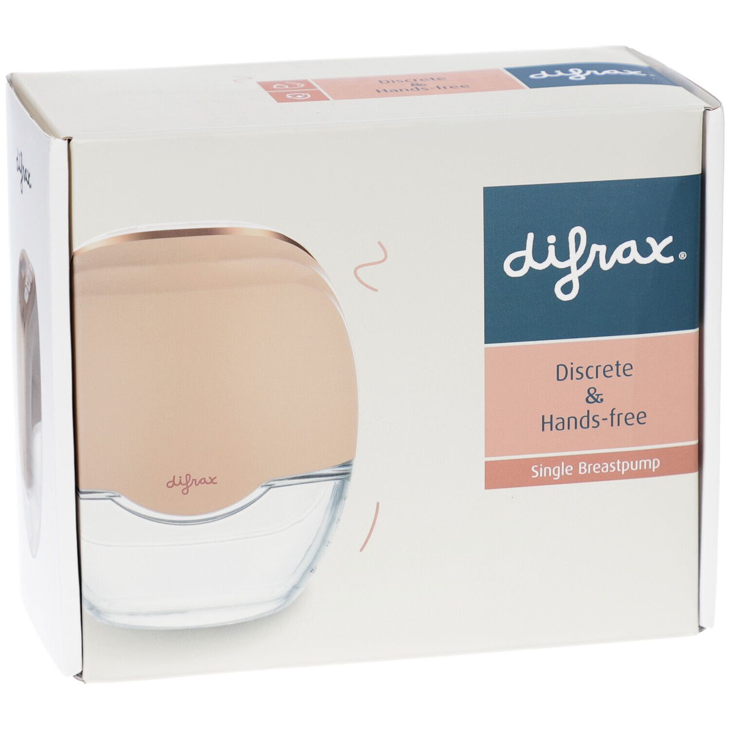 Verpackung mit Brustpumpe. Marke Difrax, hands-free und diskret. Rosa-goldenes Gerät in weißer Box.