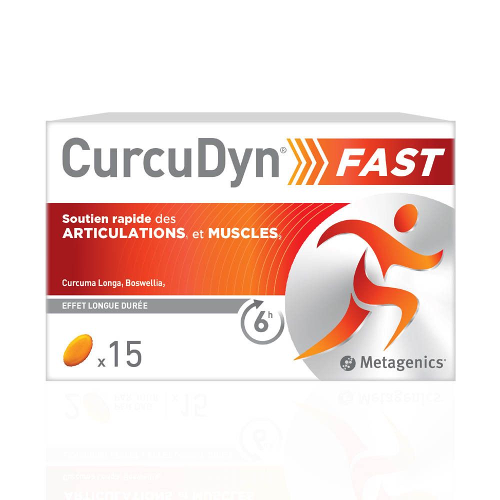 Boîte CurcuDyn FAST. Contient 15 comprimés. Logo orange avec une personne en mouvement.