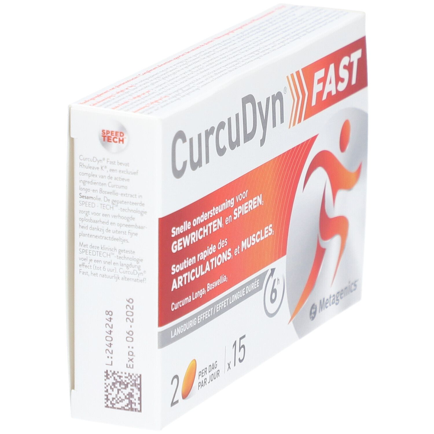 Schachtel CurcuDyn FAST, Seitenansicht. Enthält 15 Tabletten. Logo und Text sichtbar.