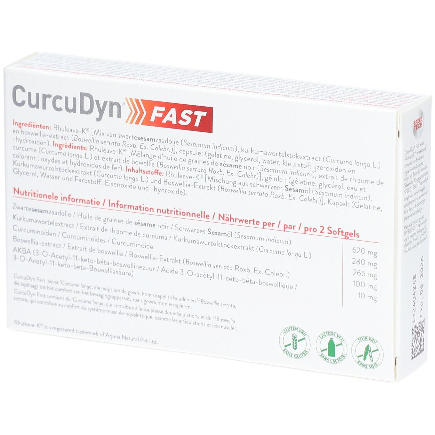 Rückseite der Schachtel CurcuDyn FAST. Enthält Inhaltsstoffe und Nährwertangaben.