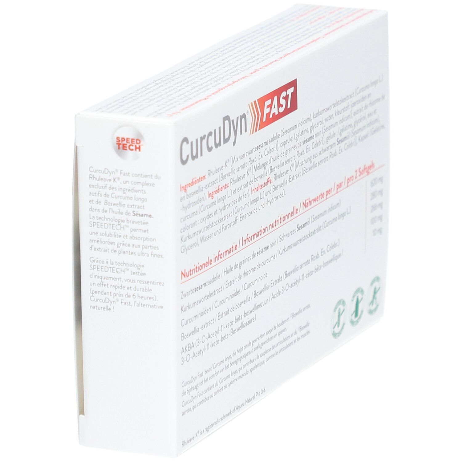 Seitenansicht der Schachtel CurcuDyn FAST. Enthält Inhaltsstoffe und Nährwertangaben.