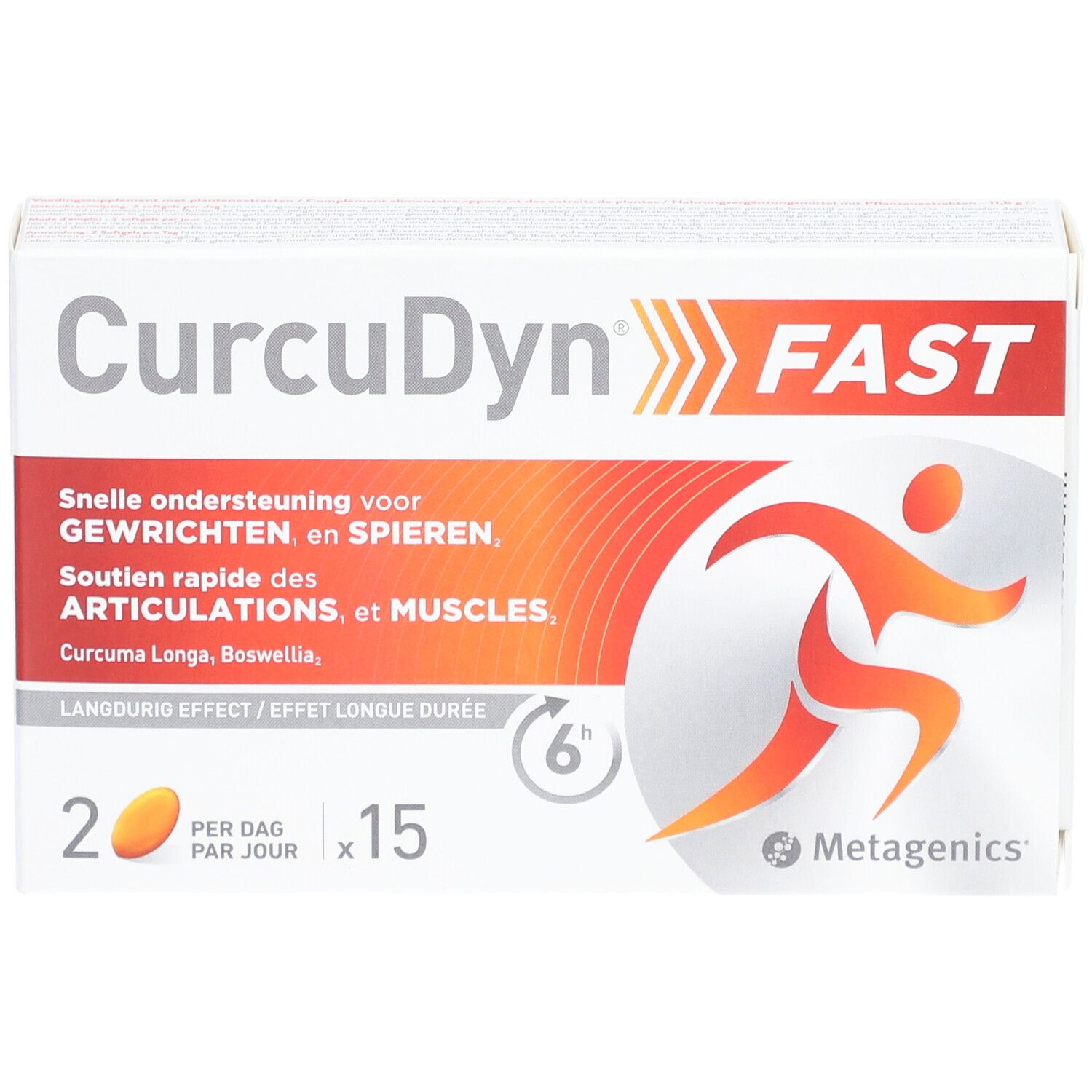 Schachtel CurcuDyn FAST. Enthält 15 Tabletten. Orangefarbenes Logo mit einer Person.