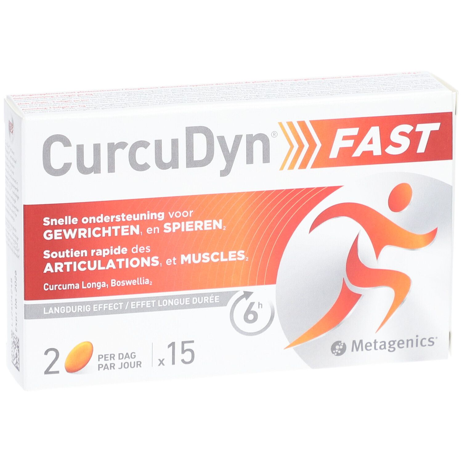 Schachtel CurcuDyn FAST. Enthält 15 Tabletten. Orangefarbenes Logo mit einer Person.