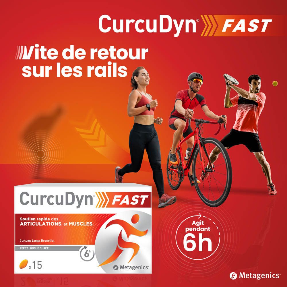 Publicité avec CurcuDyn FAST. Personnes faisant du sport. Produit et logo visibles.