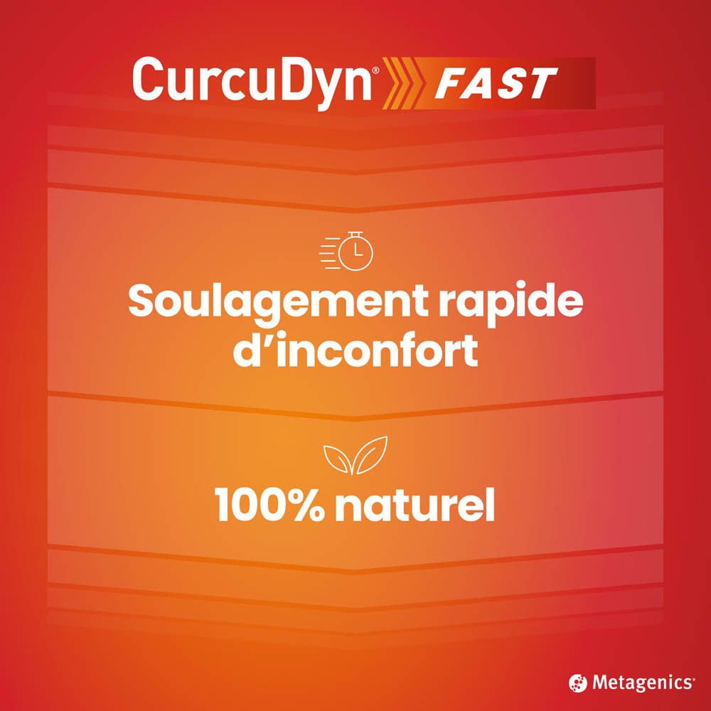 Graphique avec CurcuDyn FAST. Texte : Soulagement rapide de l'inconfort. 100% naturel.