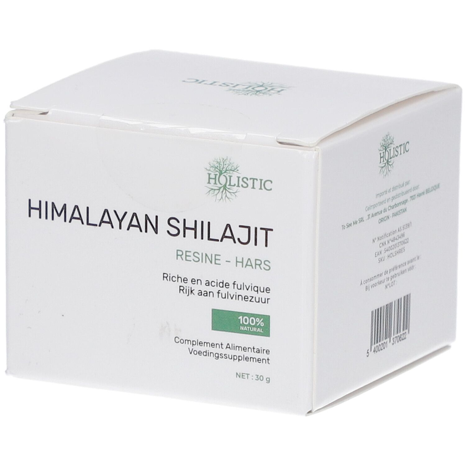 Boîte blanche "Holistic Himalayan Shilajit Résine". Texte en allemand, français et néerlandais.