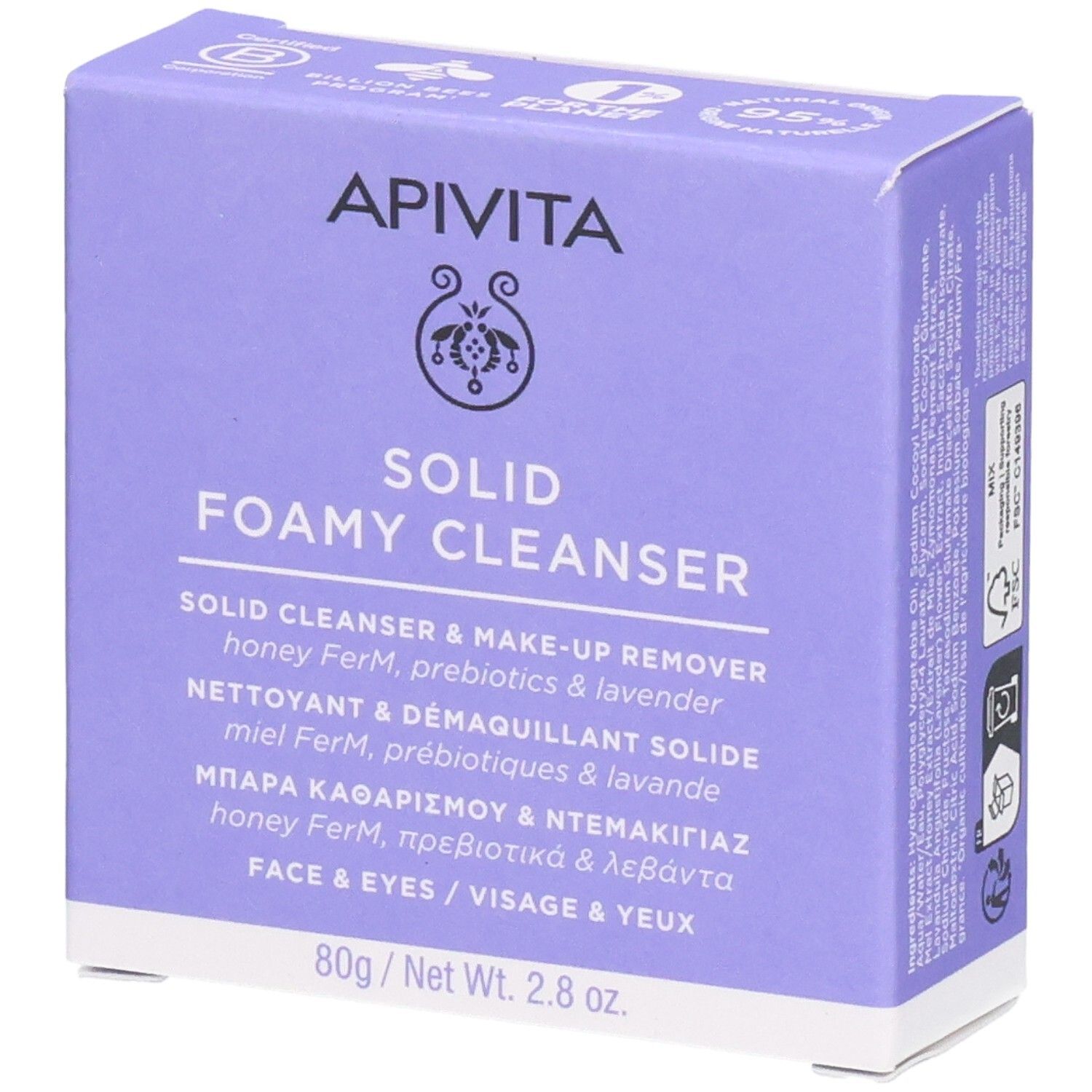 Lila Karton. Aufschrift: APIVITA, SOLID FOAMY CLEANSER. Enthält Text in mehreren Sprachen. 80g/2.8 oz.