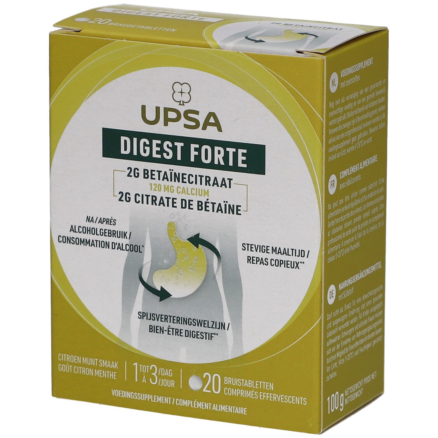 Schachtel mit UPSA Digest Forte. Enthält 20 Brausetabletten. Aufschrift: 2G Betainecitraat, 120 mg Calcium, 2G Citrate de Bétaïne.
