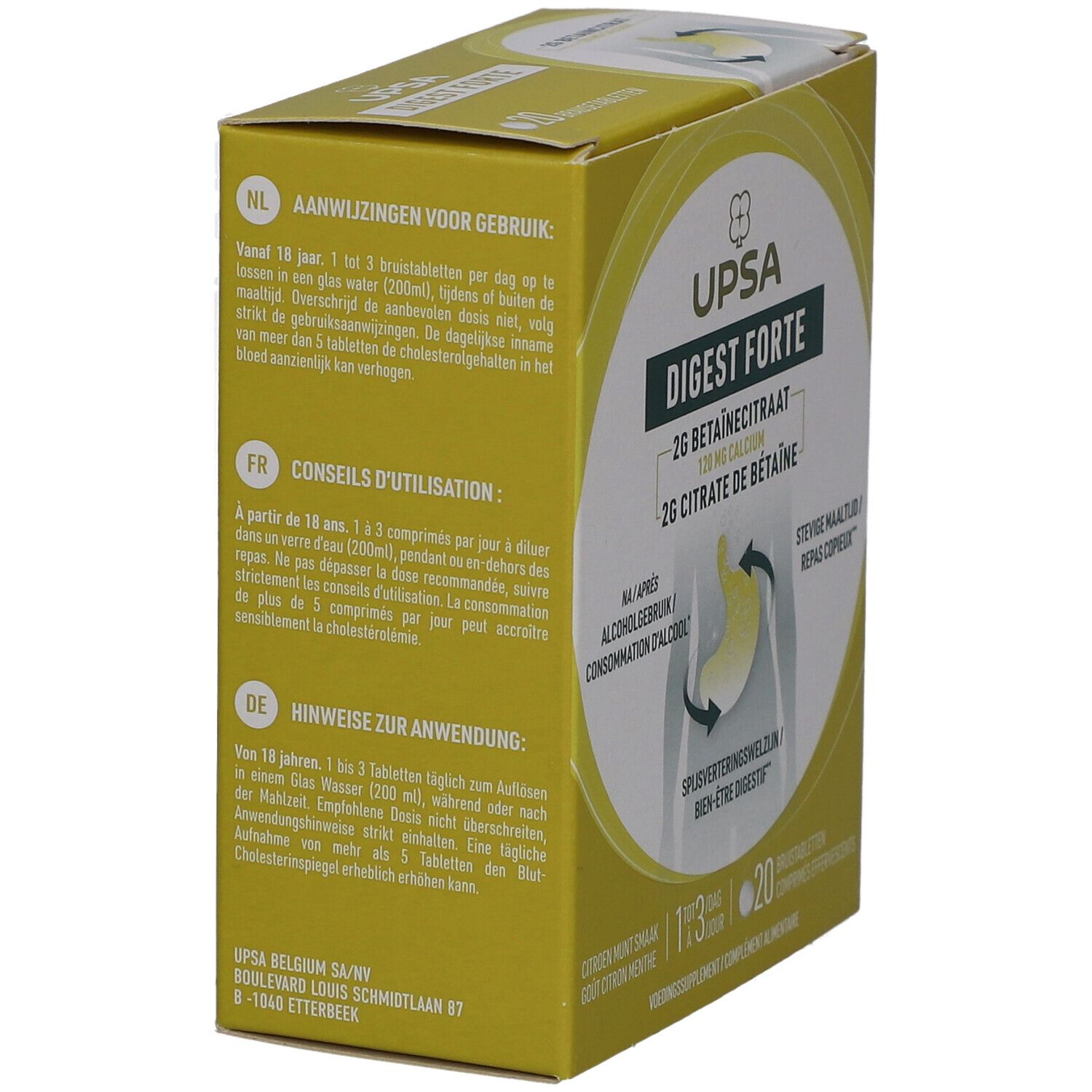 Schachtel mit UPSA Digest Forte. Text in Deutsch, Niederländisch und Französisch. Hinweise zur Anwendung und Gebrauchsanweisung.