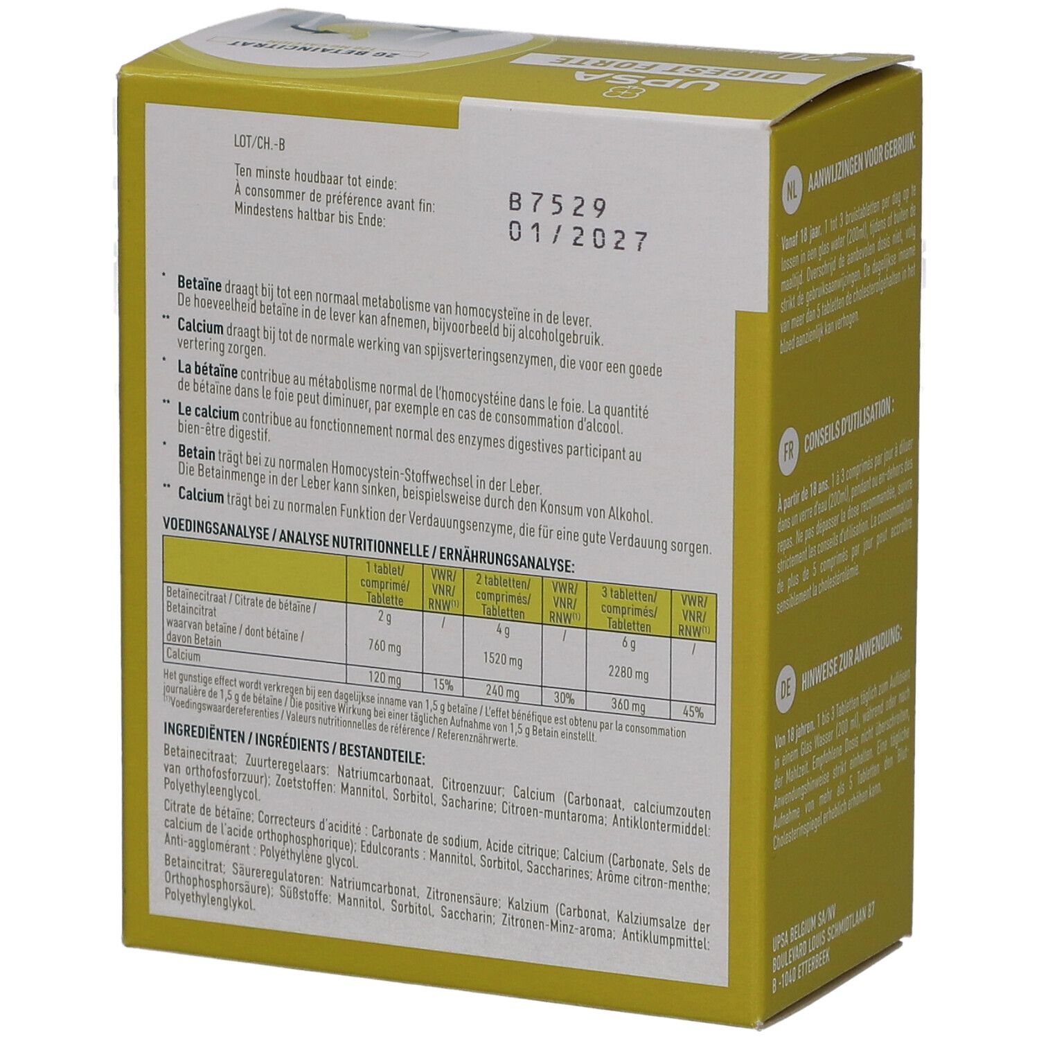 Schachtel UPSA Digest Forte. Rückseite mit Inhaltsstoffen, Nährwertanalyse und Verfallsdatum. Text in mehreren Sprachen.