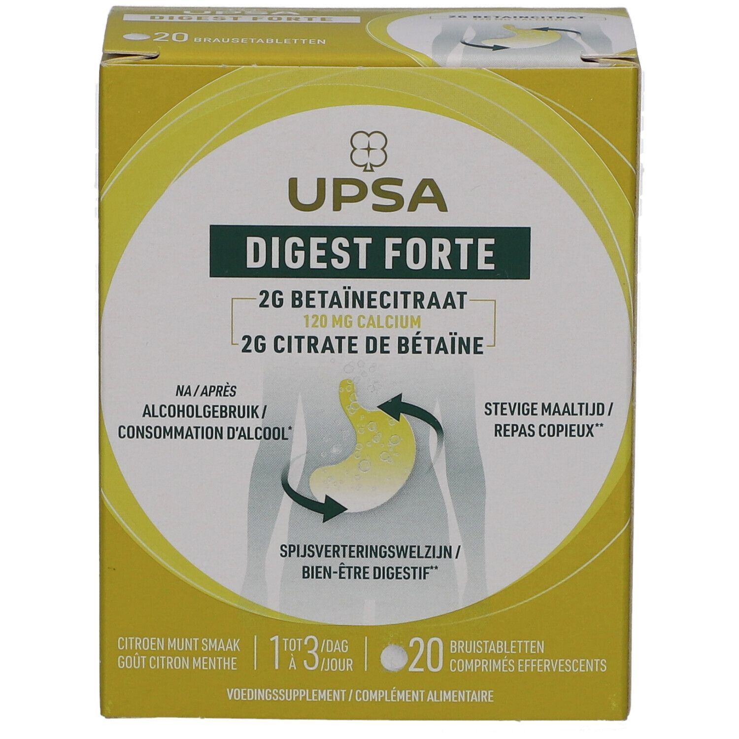 Vorderseite der Schachtel UPSA Digest Forte. Enthält 20 Brausetabletten. Aufschrift: 2G Betainecitraat, 120 mg Calcium, 2G Citrate de Bétaïne.