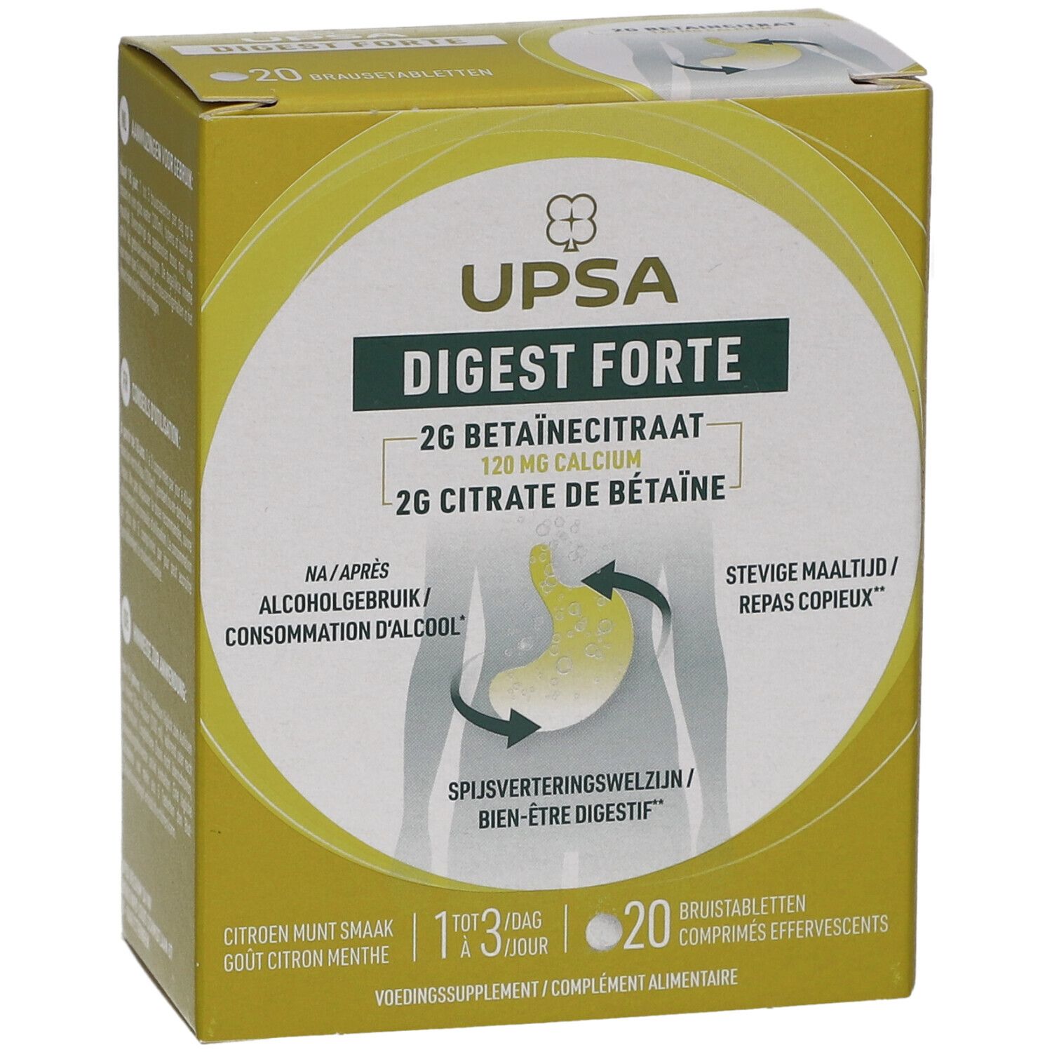 Schachtel UPSA Digest Forte. Enthält 20 Brausetabletten. Aufschrift: 2G Betainecitraat, 120 mg Calcium, 2G Citrate de Bétaïne.