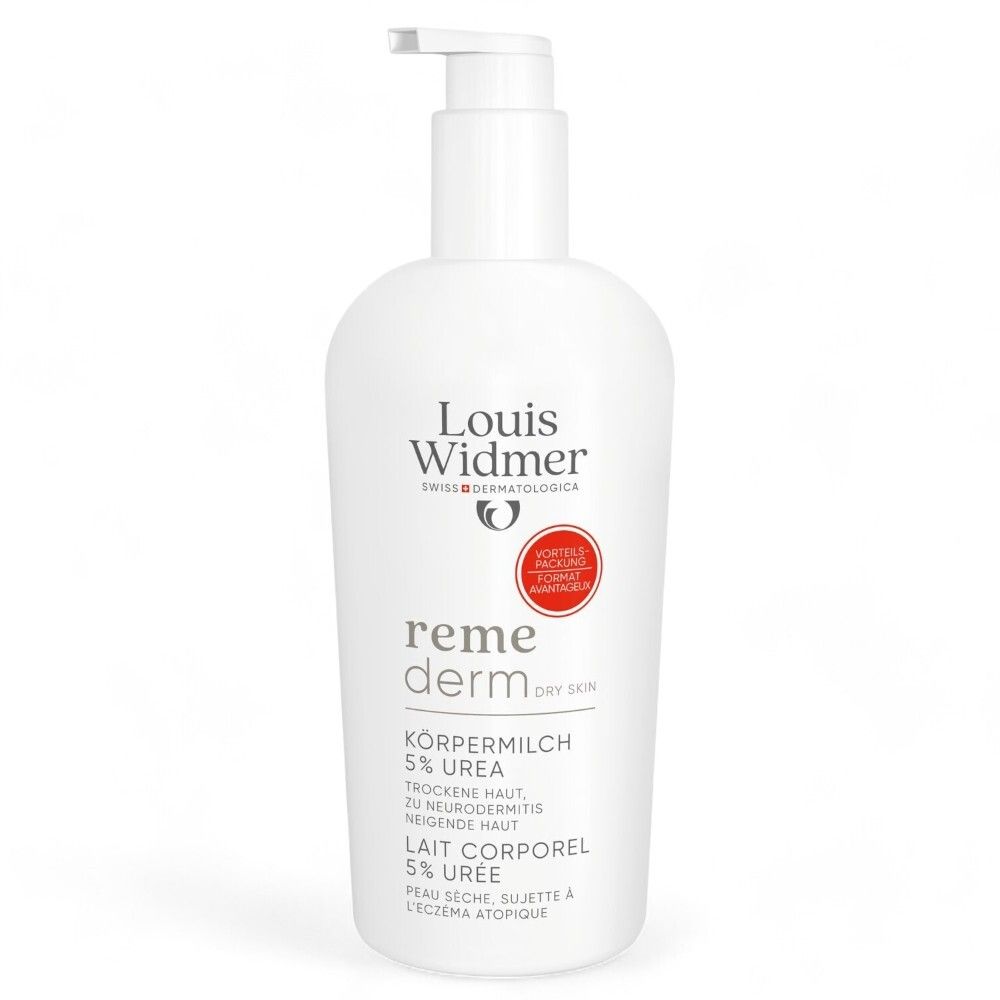 Flacon blanc avec pompe. Inscription: Louis Widmer, Remederm, 5% Urée. Cercle rouge avec texte. Nom du produit en allemand et français.