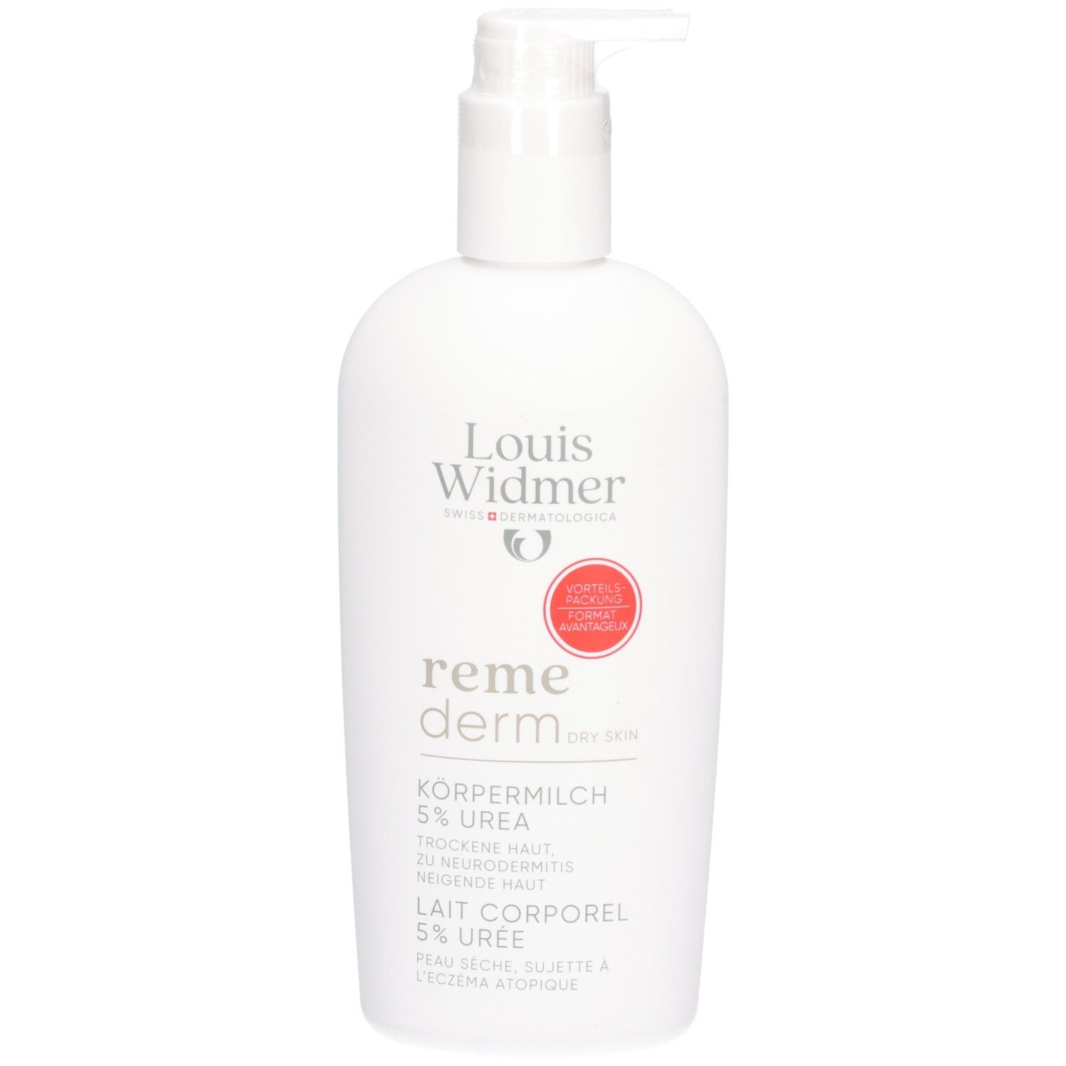 Weiße Flasche mit Spender. Aufschrift: Louis Widmer, Remederm, 5% Urea. Roter Kreis mit Text. Produktbezeichnung in Deutsch und Französisch.