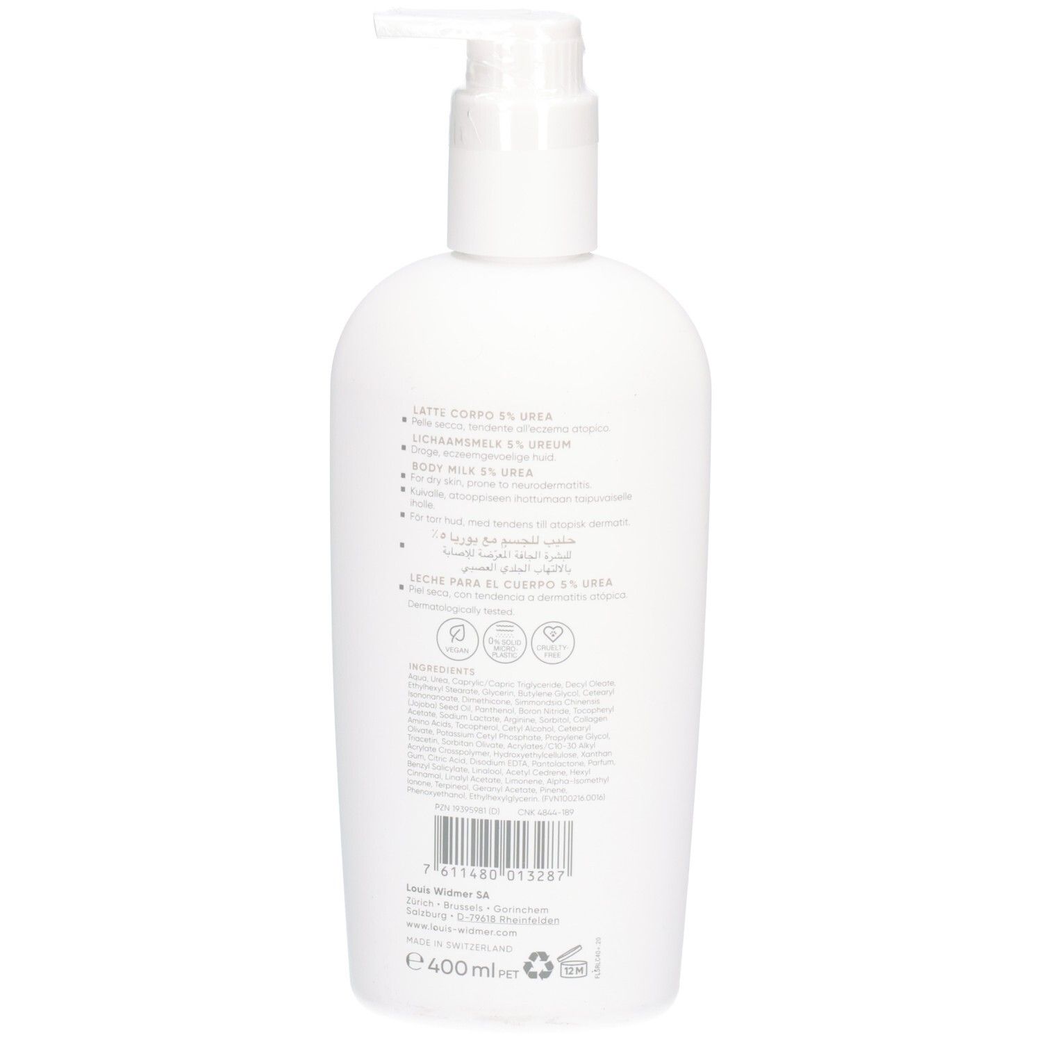 Rückseite einer weißen Flasche mit Spender. Text in mehreren Sprachen, darunter Deutsch, Französisch, Italienisch, Niederländisch. Barcode und Logo.