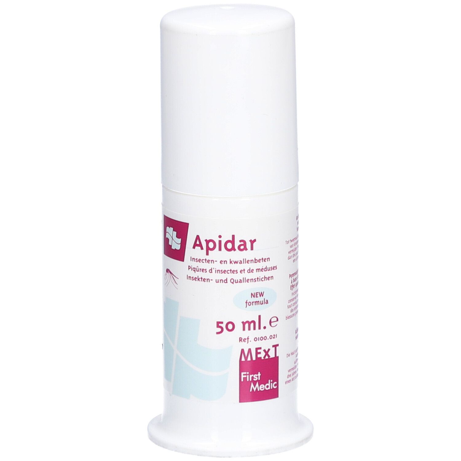 Weißer Zylinder mit weißem Deckel. Aufschrift: Apidar, 50 ml, MExT, First Medic. Produkt gegen Insektenstiche und Quallenbisse.
