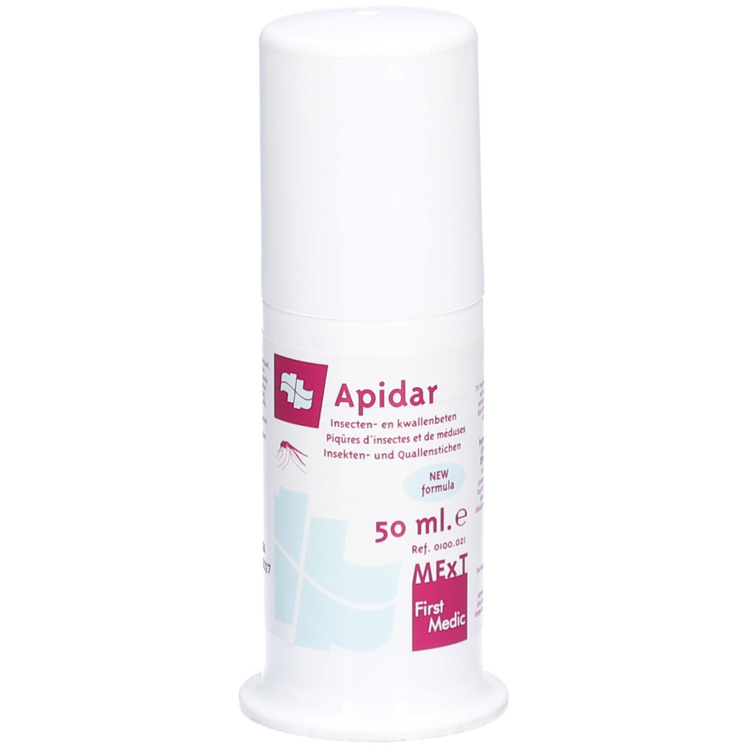 Weißer Zylinder mit weißem Deckel. Aufschrift: Apidar, 50 ml, MExT, First Medic. Produkt gegen Insektenstiche und Quallenbisse.