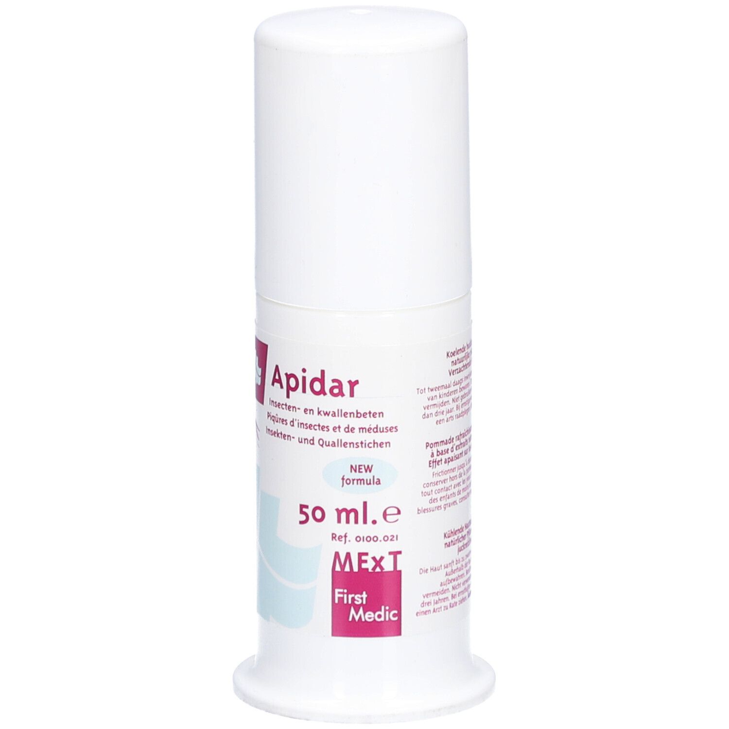 Weißer Zylinder mit weißem Deckel. Aufschrift: Apidar, 50 ml, MExT, First Medic. Produkt gegen Insektenstiche und Quallenbisse.