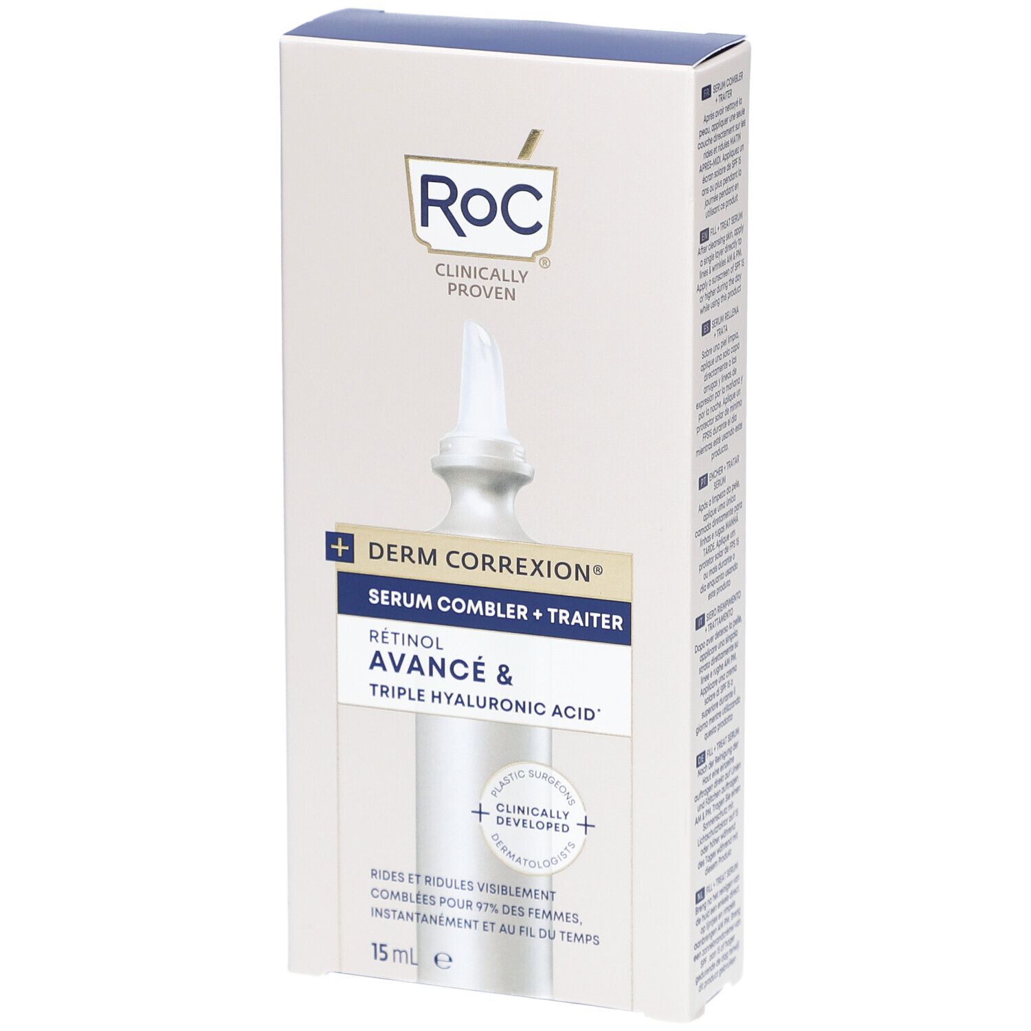 RoC Derm Correxion Serum-Verpackung. Weißer Karton mit Produktabbildung und Text. Enthält Retinol und Hyaluronsäure.