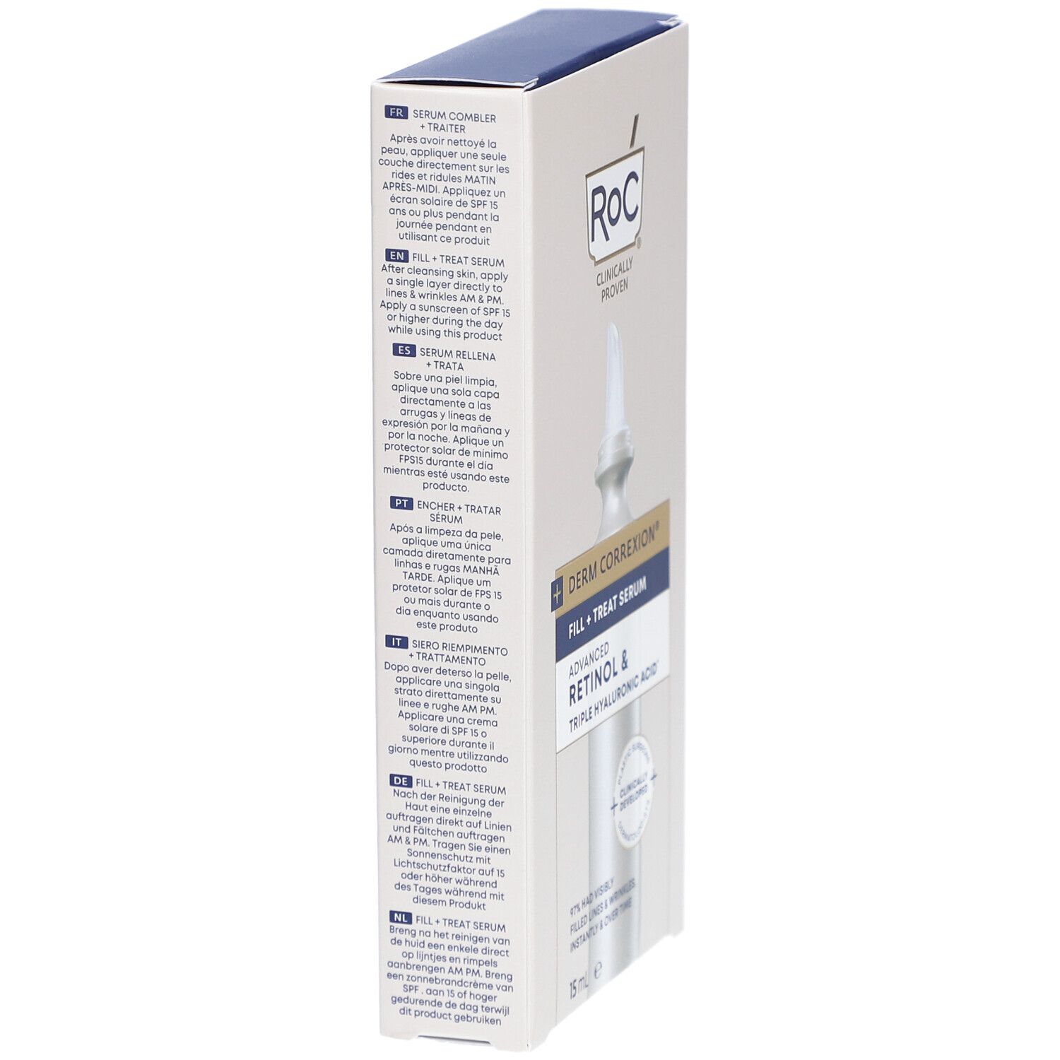 Seitenansicht der RoC Derm Correxion Serum-Verpackung. Enthält Anwendungsanweisungen. Weißer Karton mit blauem Deckel.