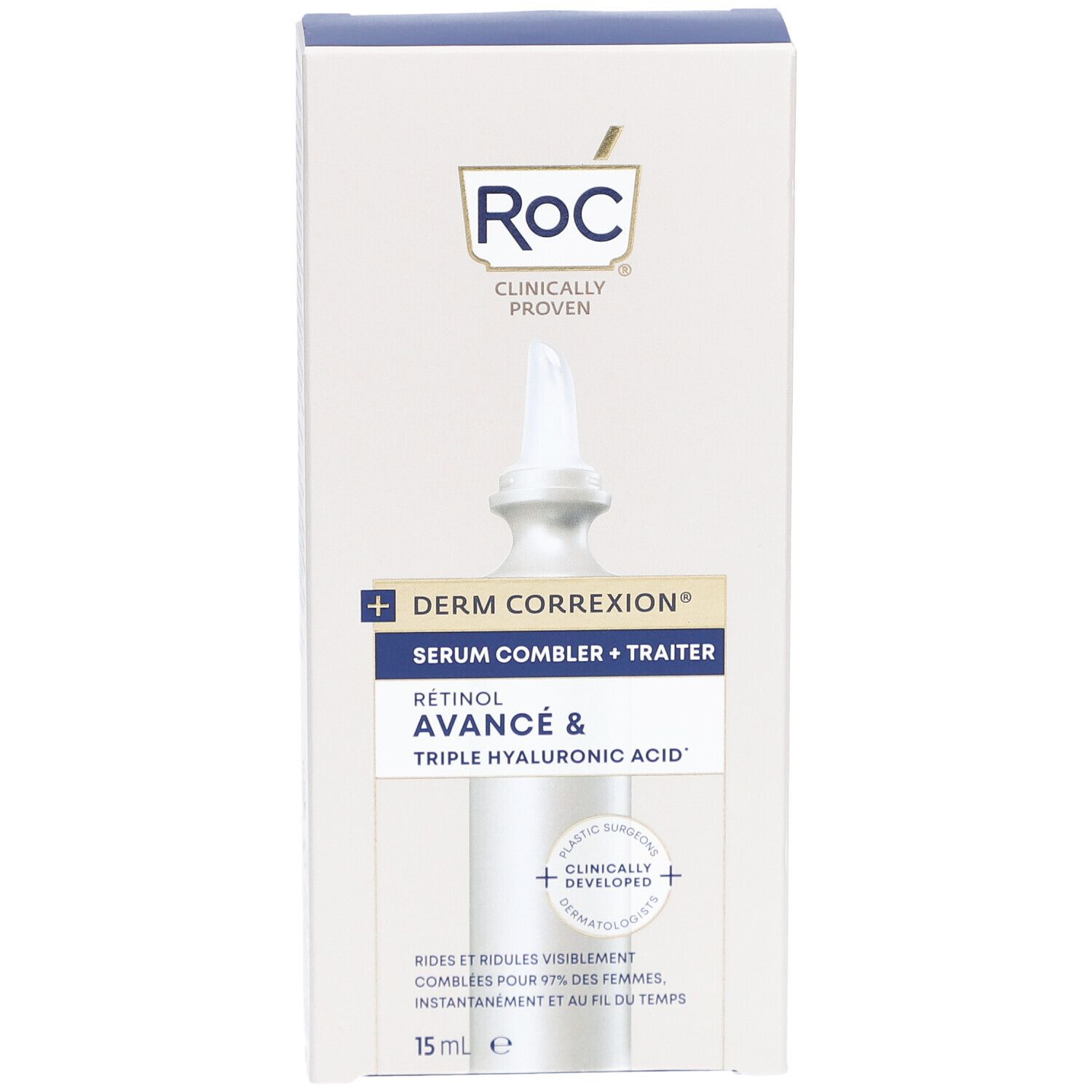 RoC Derm Correxion Serum-Verpackung. Weißer Karton mit Produktabbildung und Text. Enthält Retinol und Hyaluronsäure.