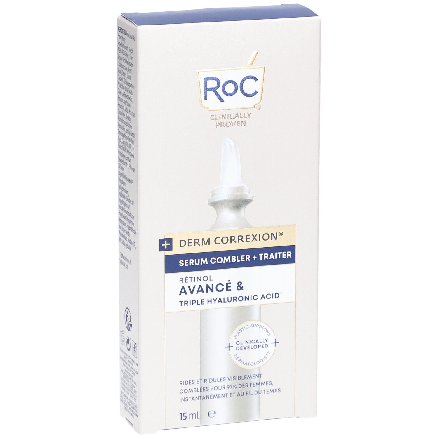 RoC Derm Correxion Serum-Verpackung. Weißer Karton mit Produktabbildung und Text. Enthält Retinol und Hyaluronsäure.
