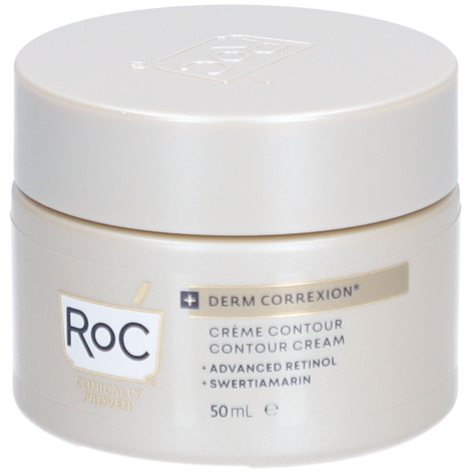 Cremebehälter mit Deckel. Aufschrift: RoC, Derm Correxion, Crème Contour, Advanced Retinol, Swertiamarin. 50 ml.
