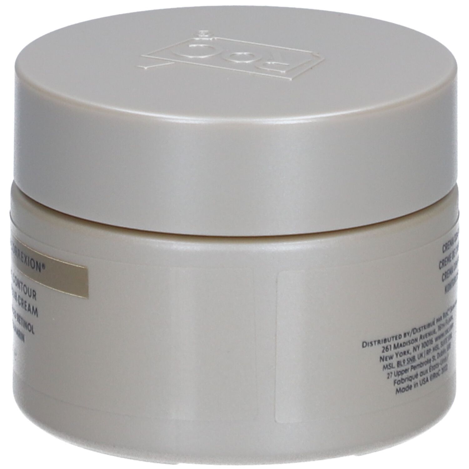 Behälter mit Deckel. Aufschrift: RoC, Derm Correxion, Crème Contour, Advanced Retinol. Farbton: hellgrau.