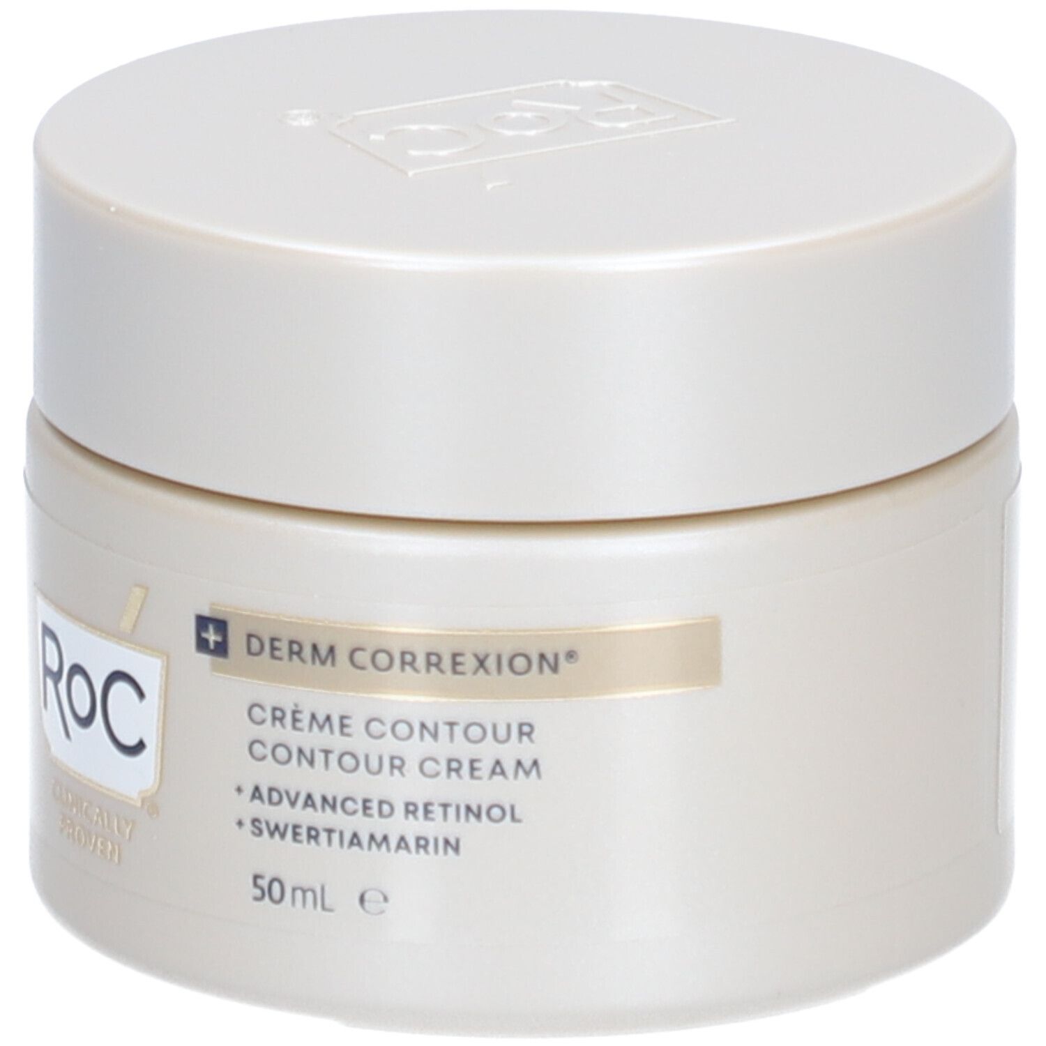 Cremebehälter mit Deckel. Aufschrift: RoC, Derm Correxion, Crème Contour, Advanced Retinol, Swertiamarin. 50 ml.