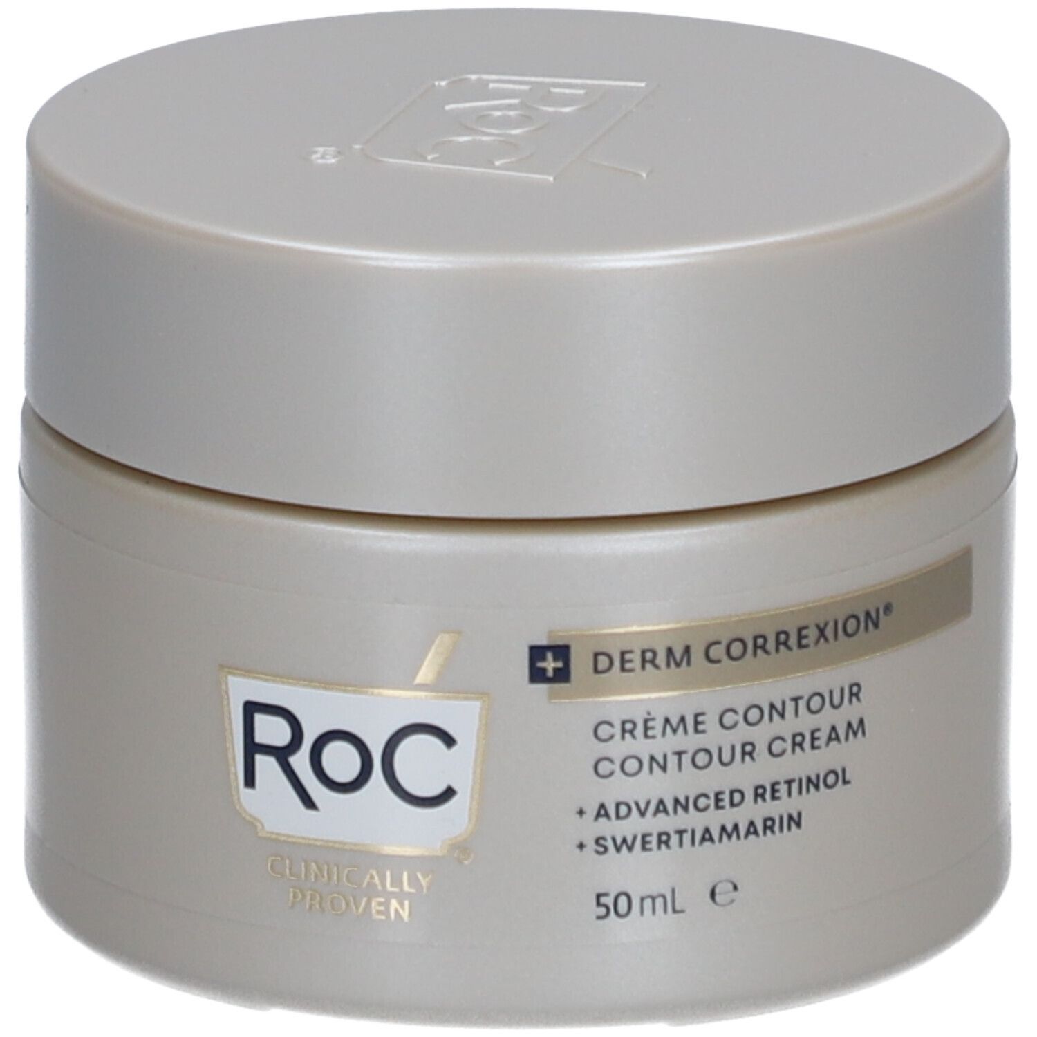 Cremebehälter mit Deckel. Aufschrift: RoC, Derm Correxion, Crème Contour, Advanced Retinol, Swertiamarin. 50 ml.