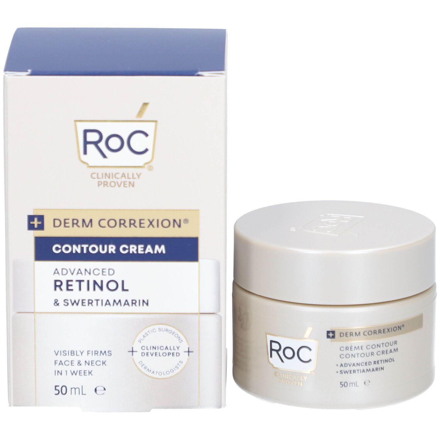 Produktverpackung und Cremebehälter. Aufschrift: RoC, Derm Correxion, Contour Cream, Advanced Retinol. 50 ml.