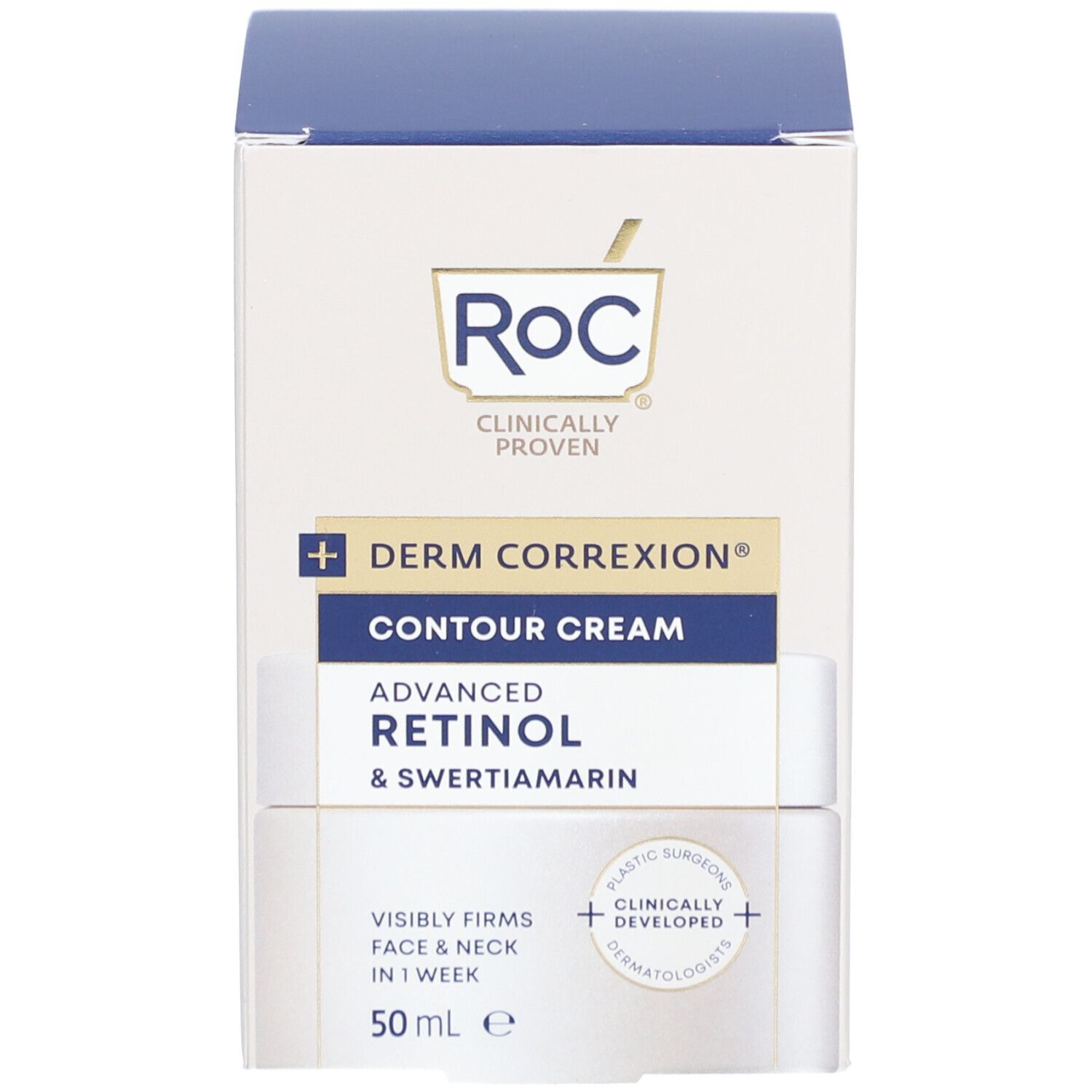 Produktverpackung. Aufschrift: RoC, Derm Correxion, Contour Cream, Advanced Retinol. 50 ml. Sichtbar strafft Gesicht & Hals in 1 Woche.