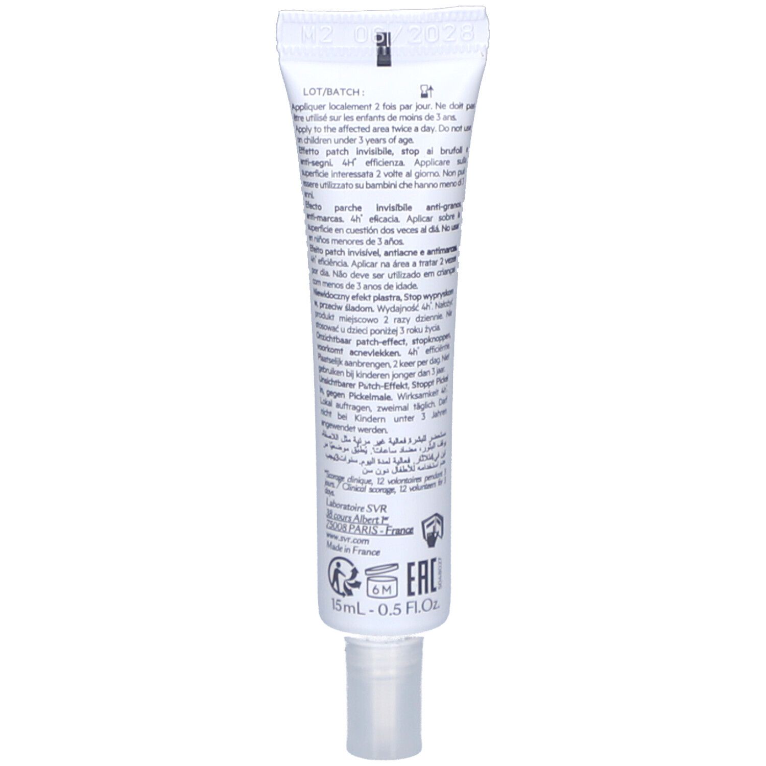 Rückseite der weißen Tube. Text in mehreren Sprachen. Enthält Informationen zu Anwendung und Inhaltsstoffen.