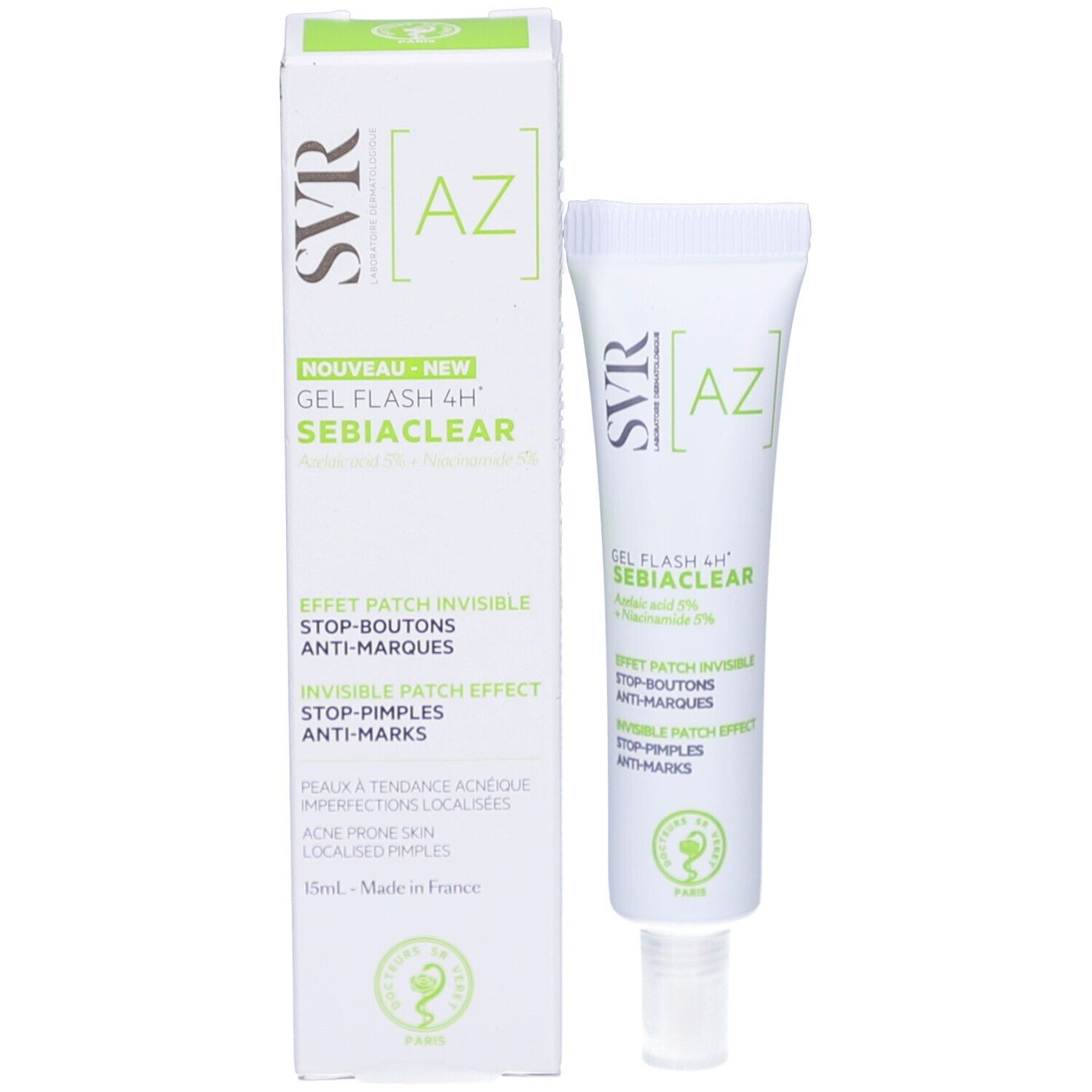 Produktverpackung mit Tube. Weiße Schachtel und Tube mit grünem Aufdruck. Marke SVR. Enthält Gel Flash 4H Sebiaclear.