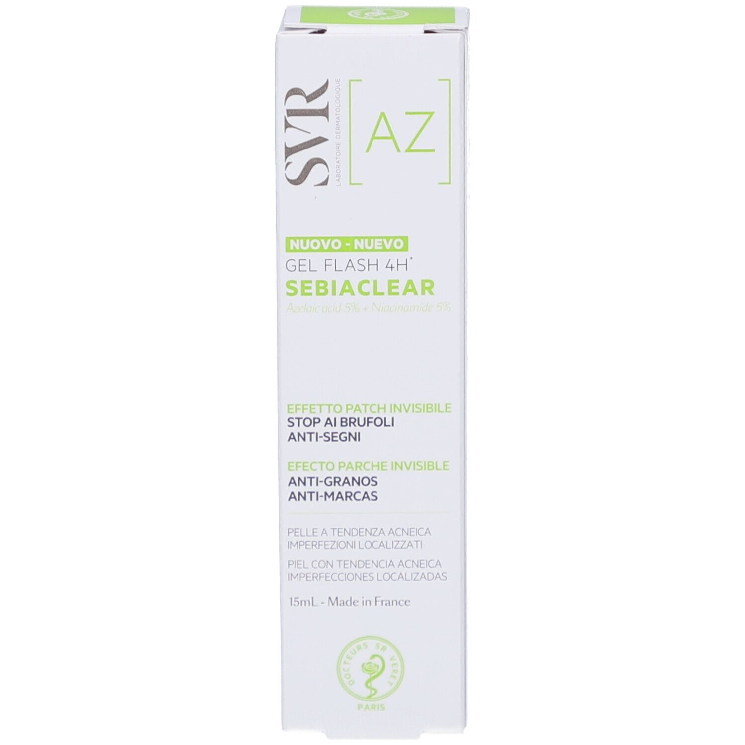 Weiße Schachtel mit grünem Aufdruck. Enthält Gel Flash 4H Sebiaclear. Marke SVR. Text in italienischer Sprache.