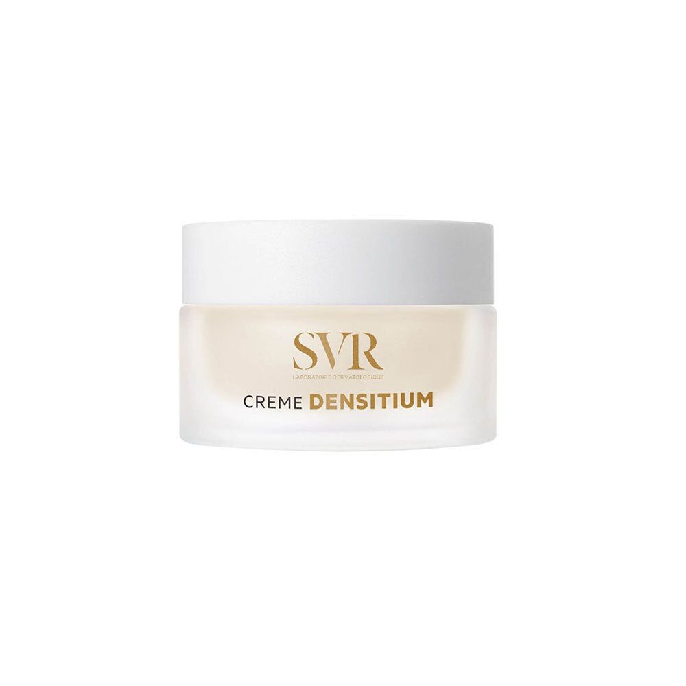 Pot de crème avec couvercle blanc. Inscription "SVR" et "CREME DENSITIUM" sur le pot.