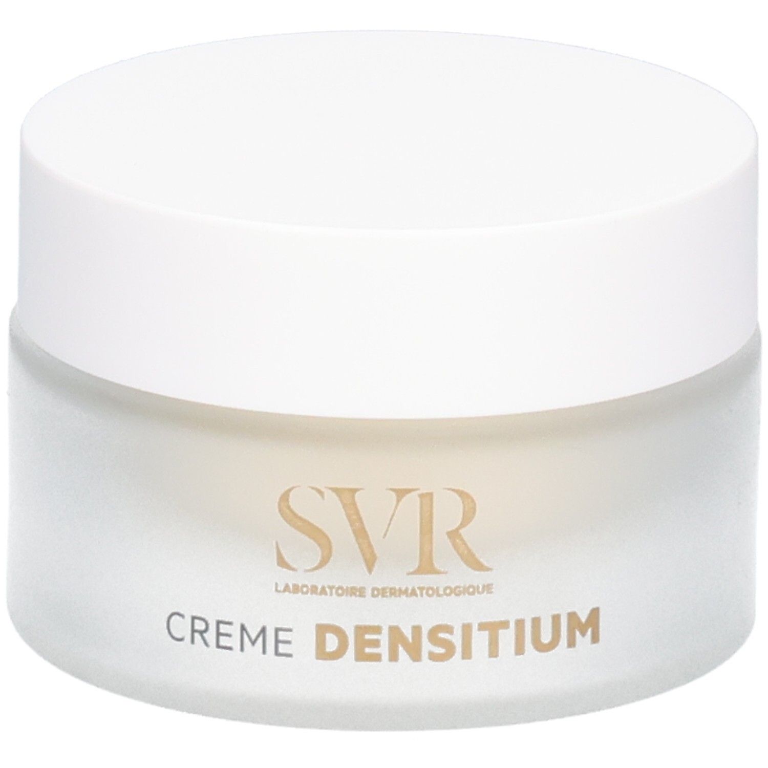 Creme-Tiegel mit weißem Deckel. Auf dem Tiegel steht "SVR" und "CREME DENSITIUM".