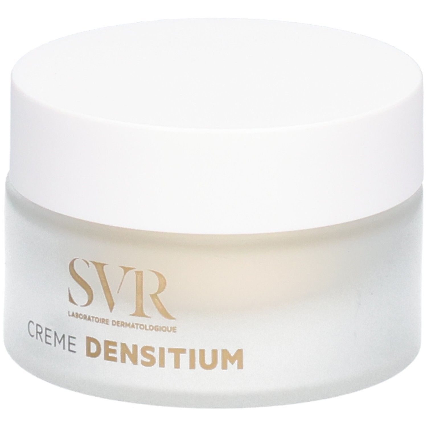Creme-Tiegel mit weißem Deckel. Auf dem Tiegel steht "SVR" und "CREME DENSITIUM".