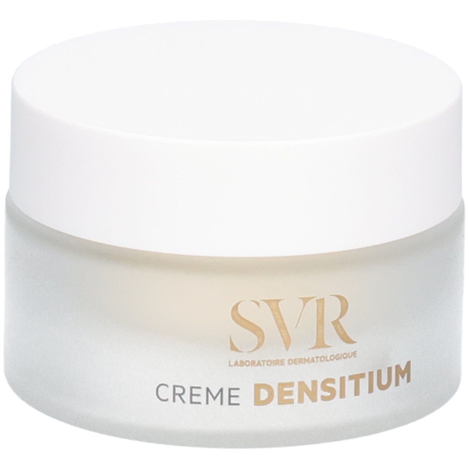 Creme-Tiegel mit weißem Deckel. Auf dem Tiegel steht "SVR" und "CREME DENSITIUM".
