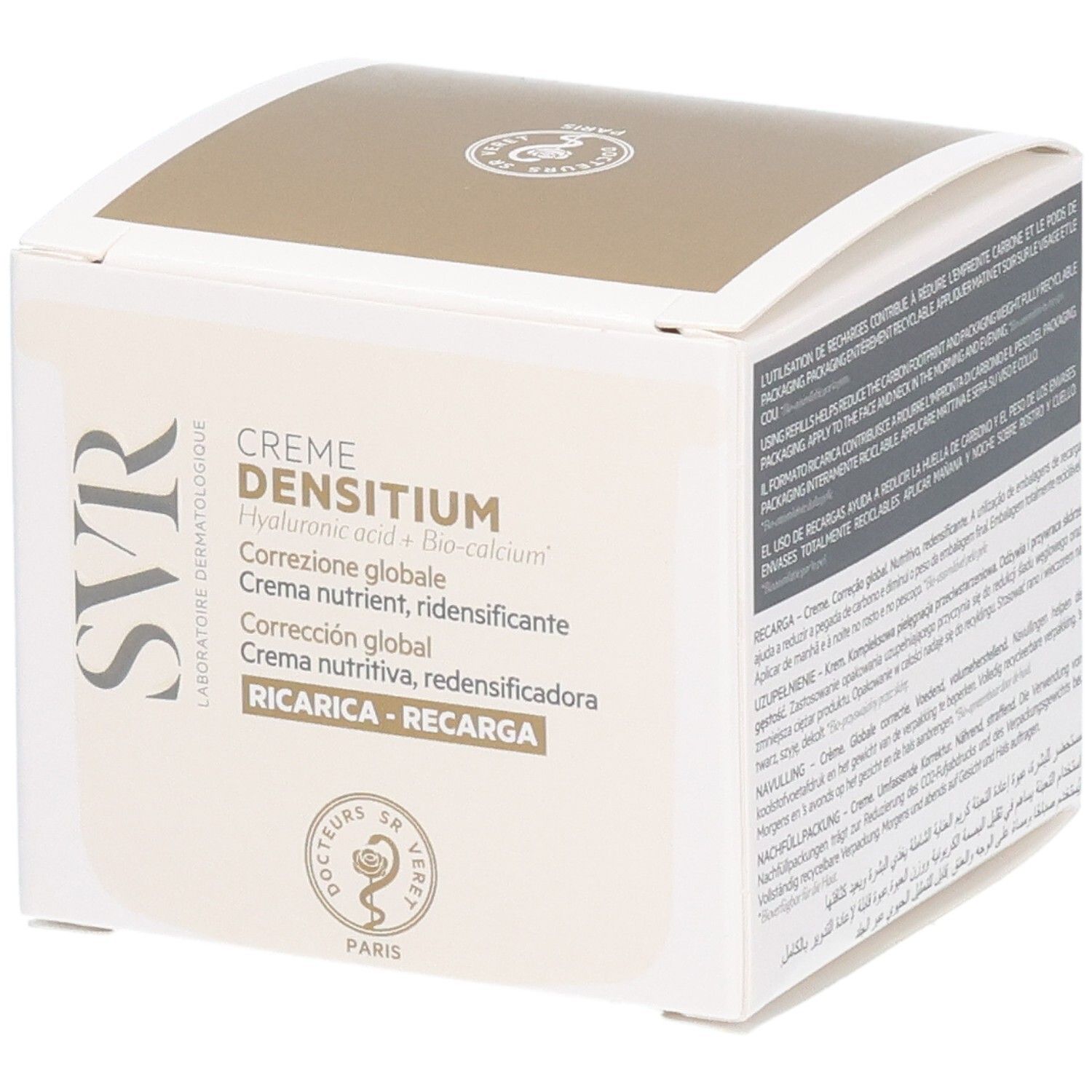 Karton mit Produktinformationen. Aufschrift: Crème Densitium, Hyaluronsäure + Bio-Calcium. Marke SVR.