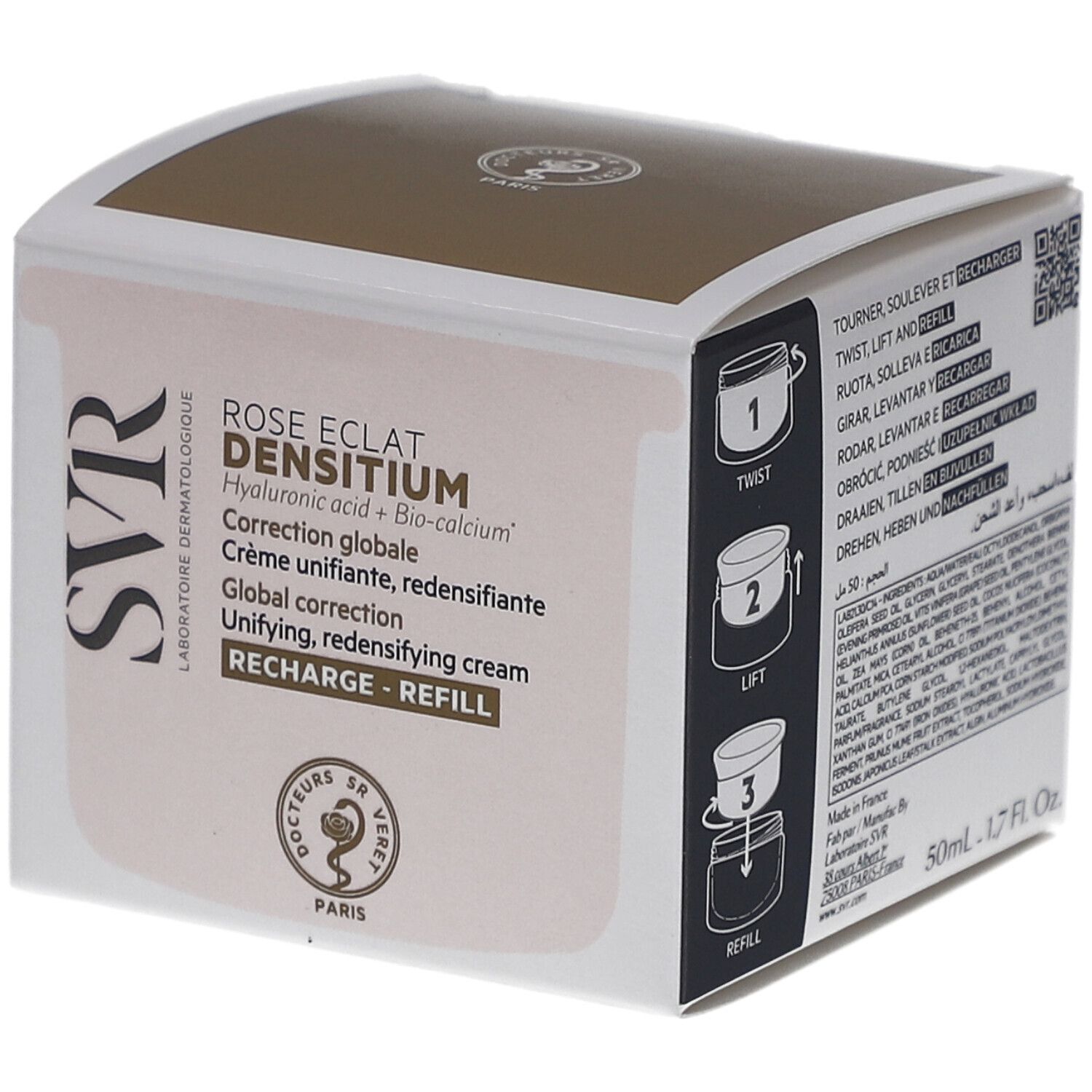 SVR DENSITIUM Rose Éclat Recharge. Faltschachtel mit Produktinformationen. Aufschrift: Global correction, Crème unifiante, redensifiante.
