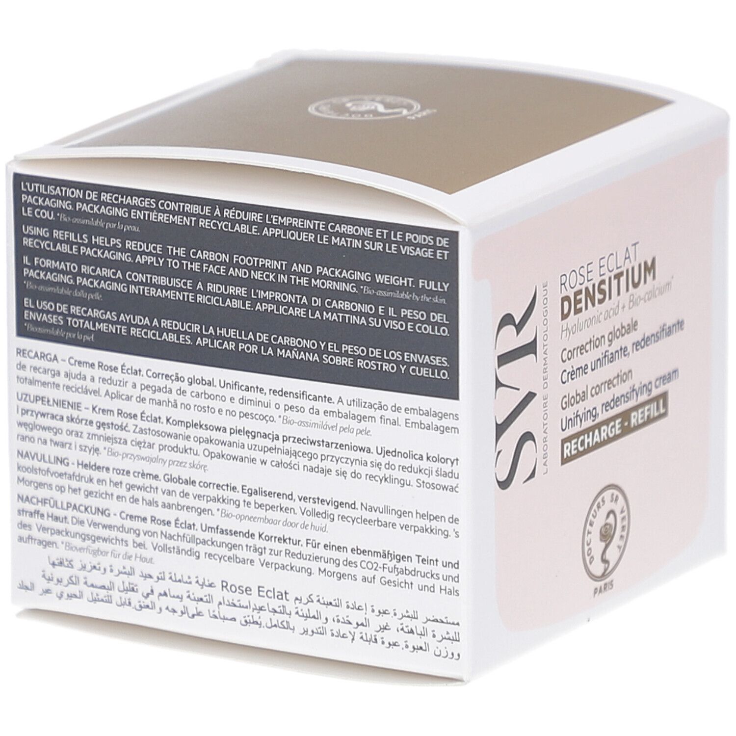 SVR DENSITIUM Rose Éclat Recharge-Verpackung. Text: Global correction, Crème unifiante, redensifiante. Informationen zur Wiederverwendung der Verpackung.