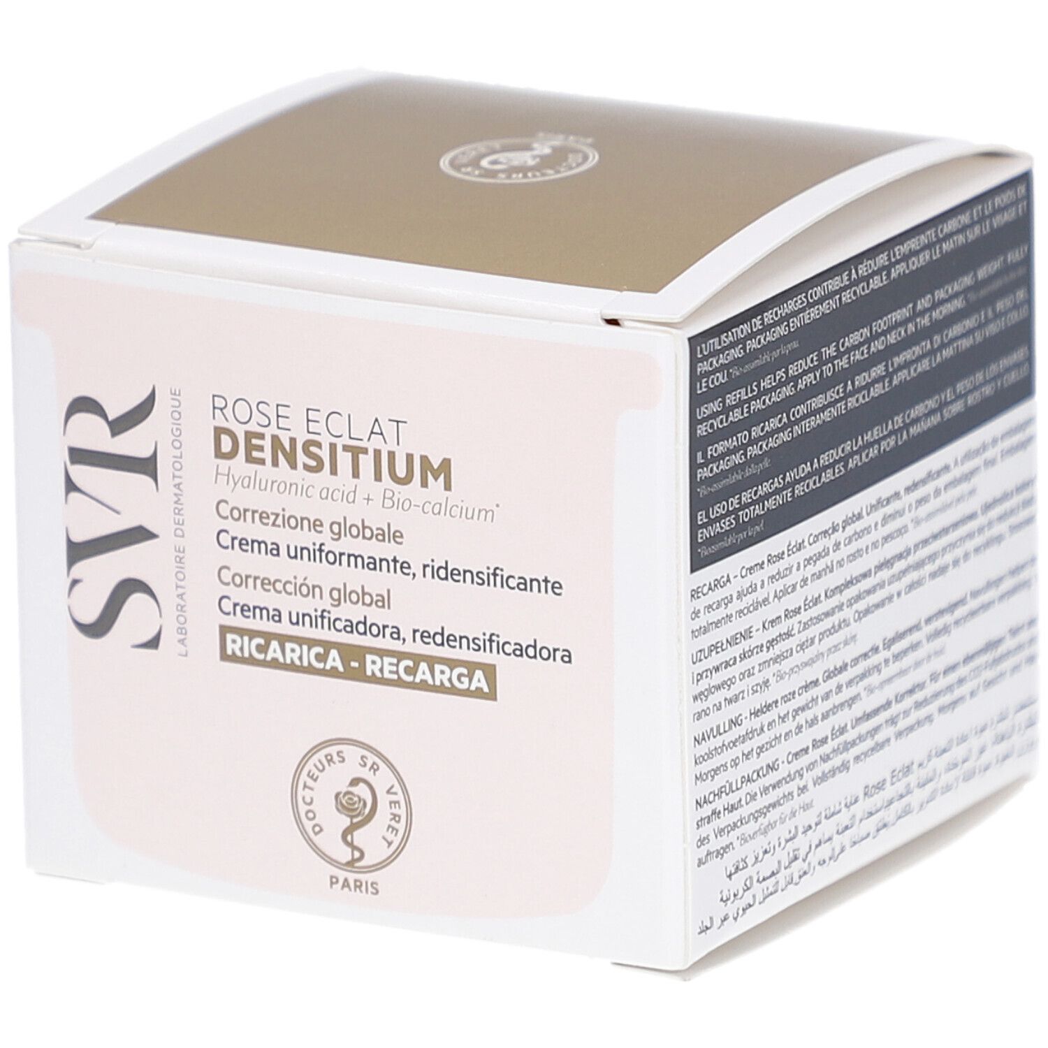 SVR DENSITIUM Rose Éclat Recharge-Verpackung. Text: Global correction, Crème unifiante, redensifiante. Informationen zur Wiederverwendung der Verpackung.