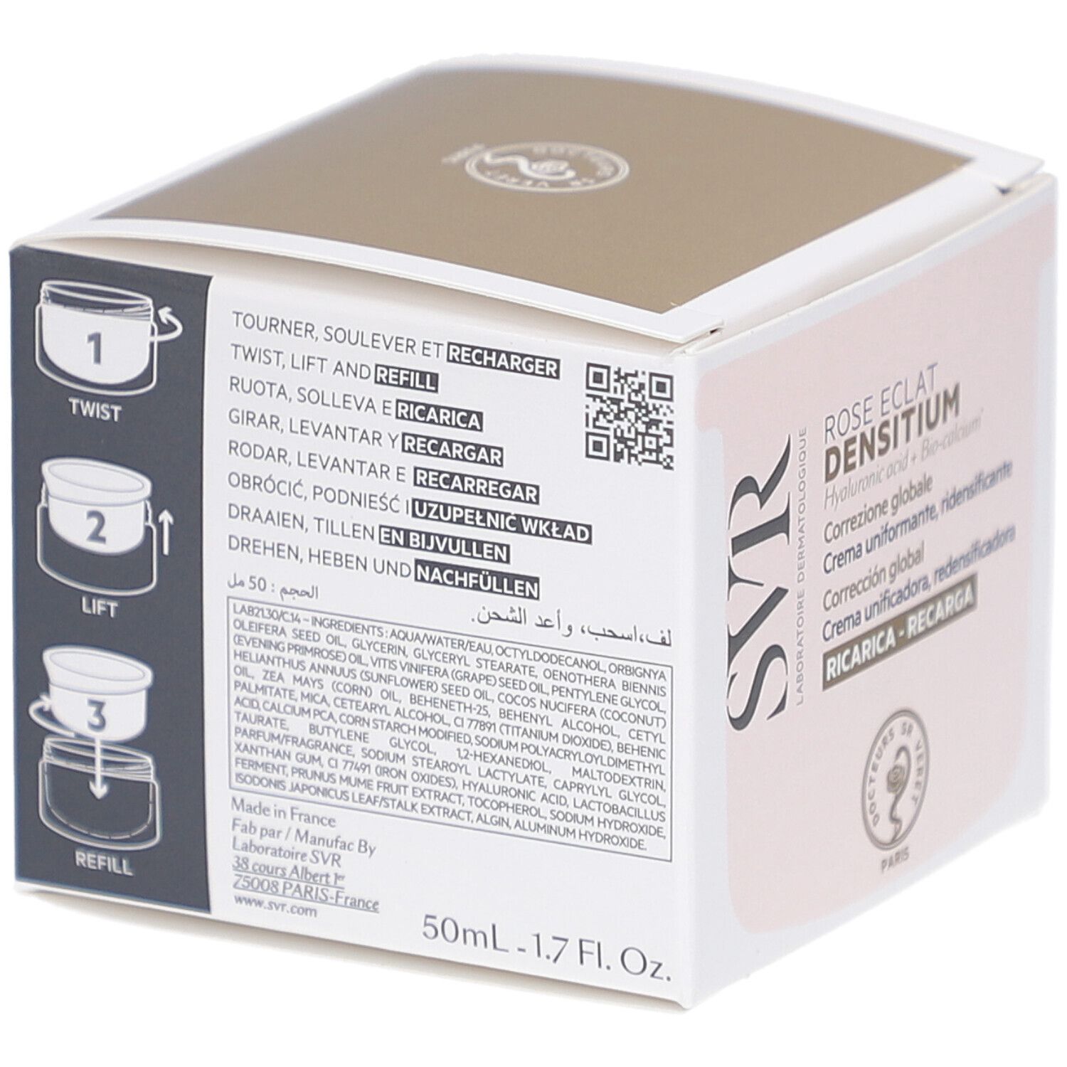 SVR DENSITIUM Rose Éclat Recharge-Verpackung. Text: Global correction, Crème unifiante, redensifiante. Anweisungen zum Nachfüllen.