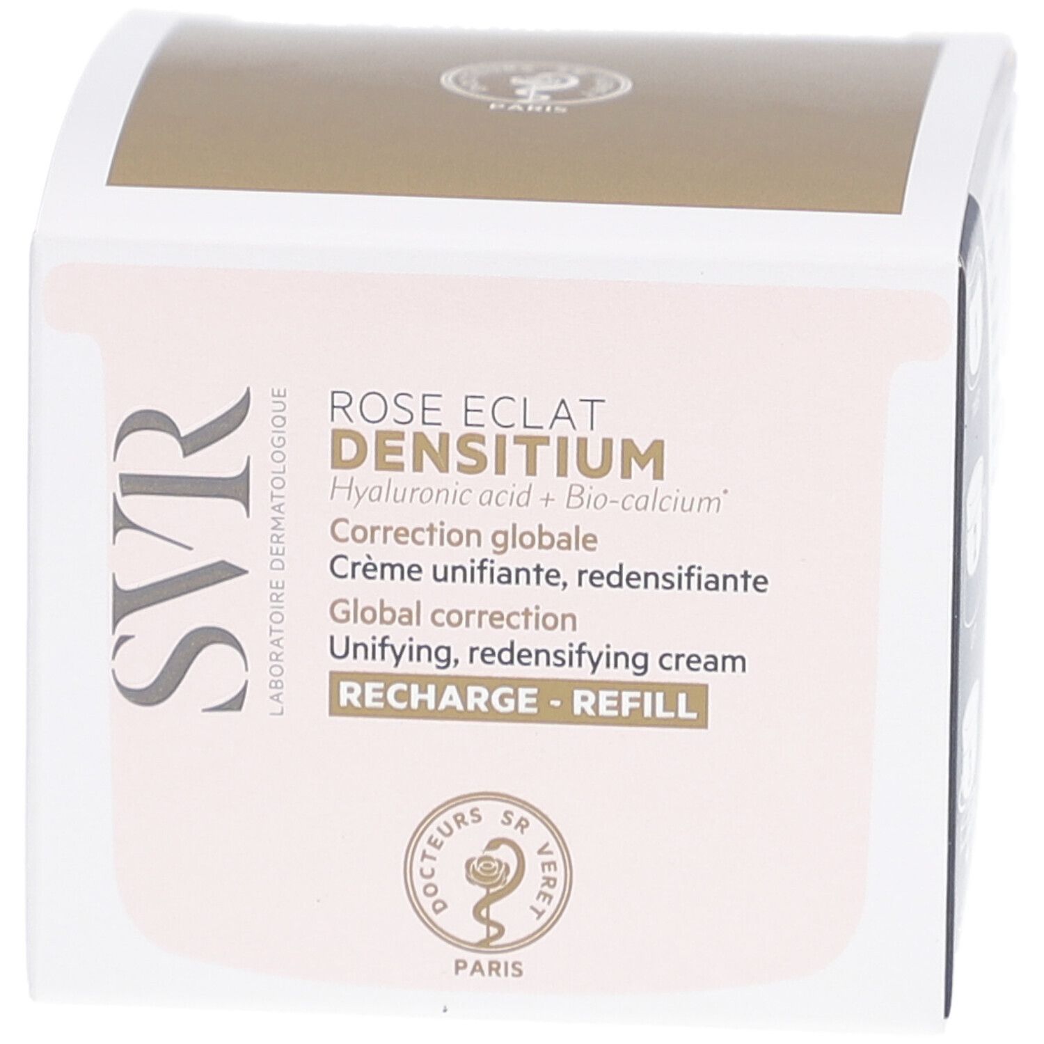SVR DENSITIUM Rose Éclat Recharge-Verpackung. Text: Global correction, Crème unifiante, redensifiante. Marke SVR.