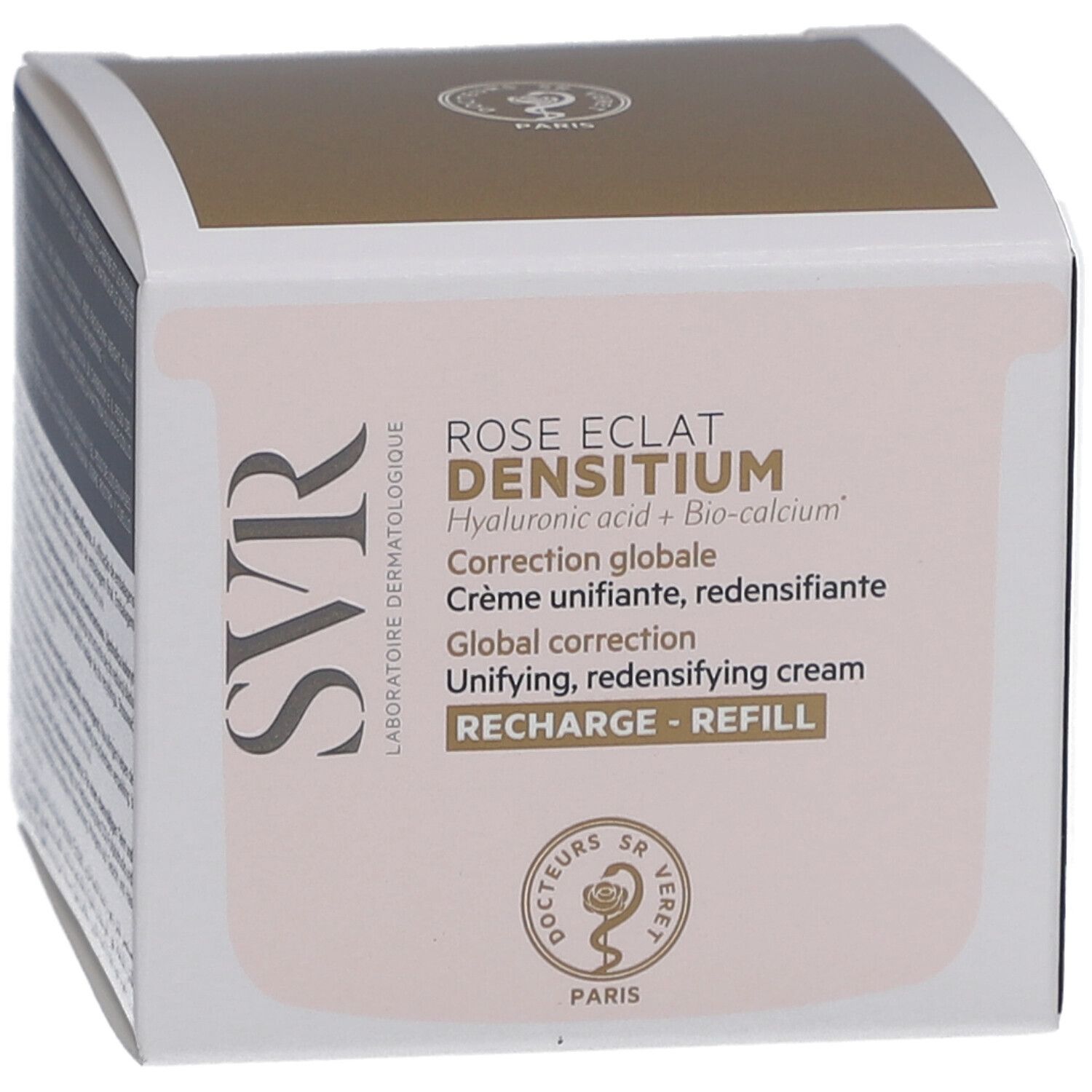 SVR DENSITIUM Rose Éclat Recharge-Verpackung. Text: Global correction, Crème unifiante, redensifiante. Marke SVR.