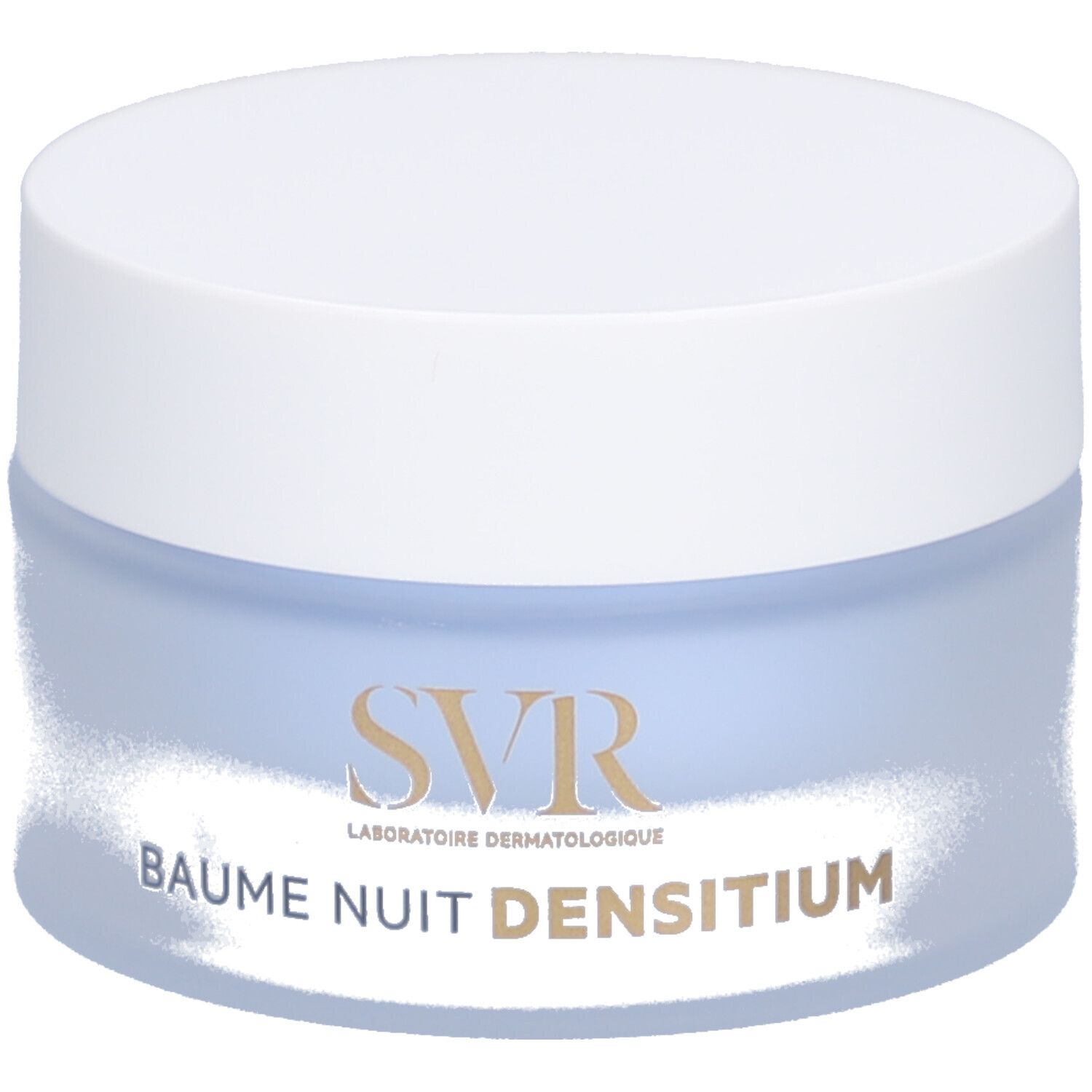 Runder Tiegel mit weißem Deckel. Aufschrift: SVR, BAUME NUIT DENSITIUM.