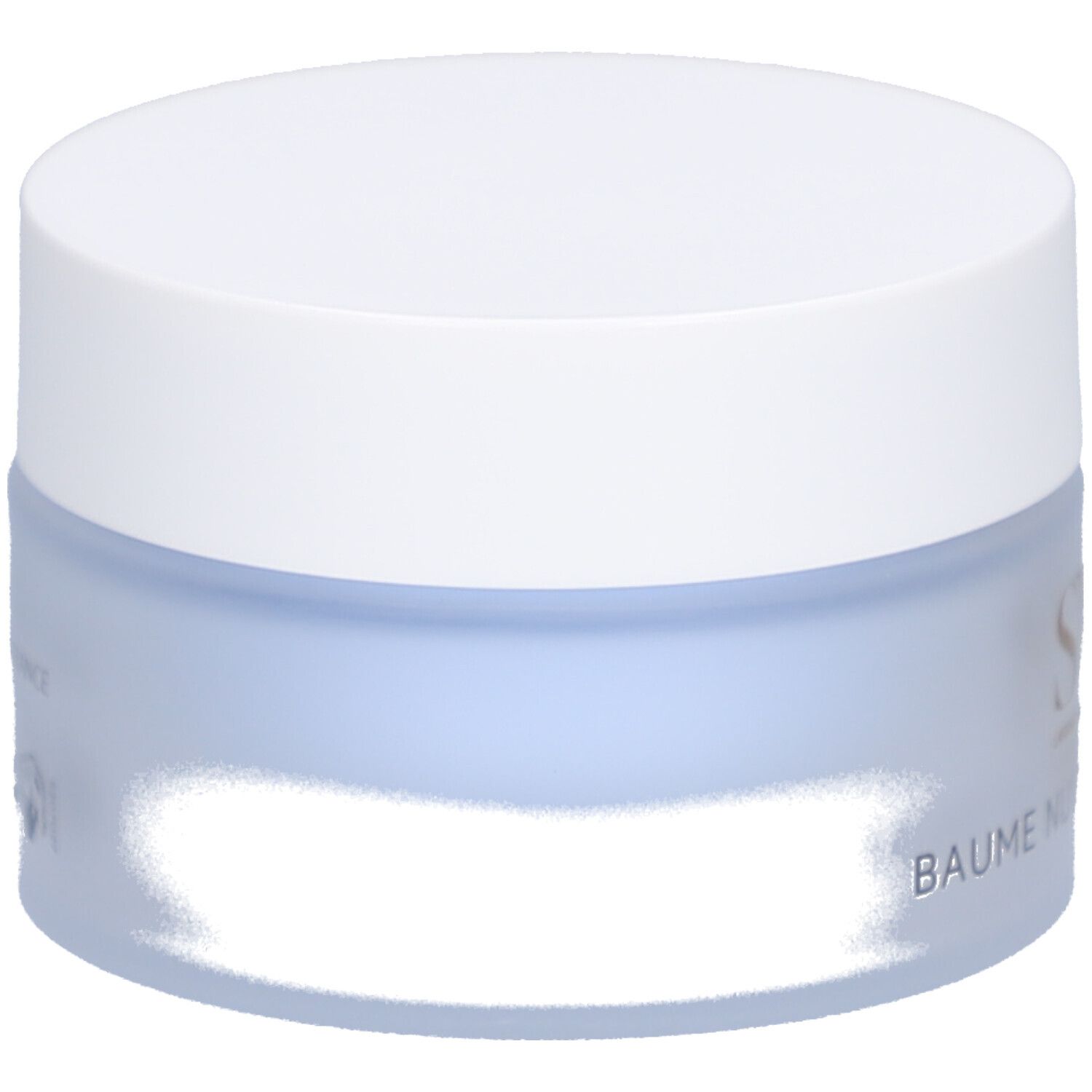 Runder Tiegel mit weißem Deckel. Aufschrift: BAUME NUIT.